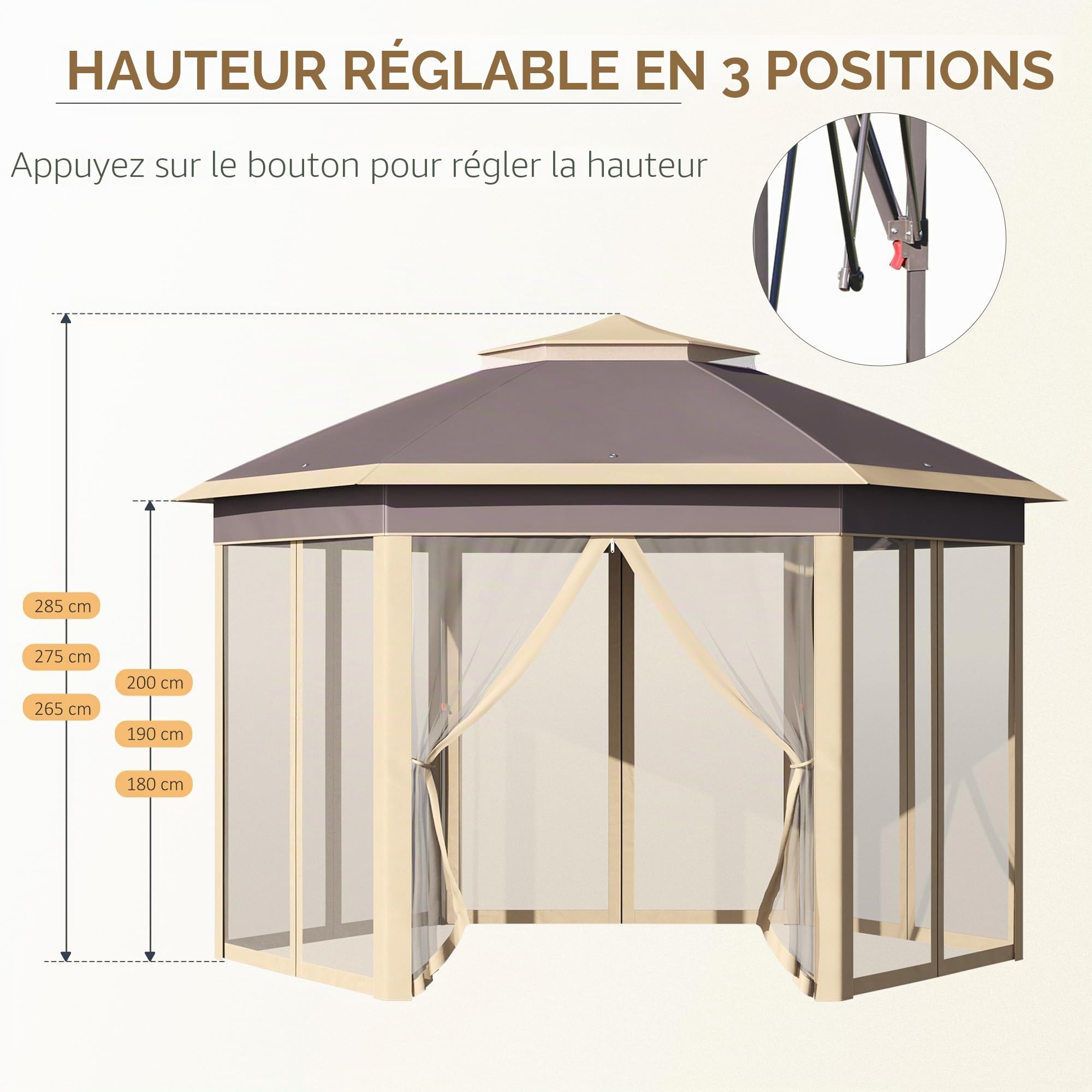 Outsunny Tonnelle Pliable 4x3,4x2,85 m Pavillon de Jardin Hexagonal avec Double Toit 6 Moustiquaires Démontables Sac de Transport Hauteur Ajustable sur 3 Niveaux et Anti-UV Gazebo pour Fête Patio