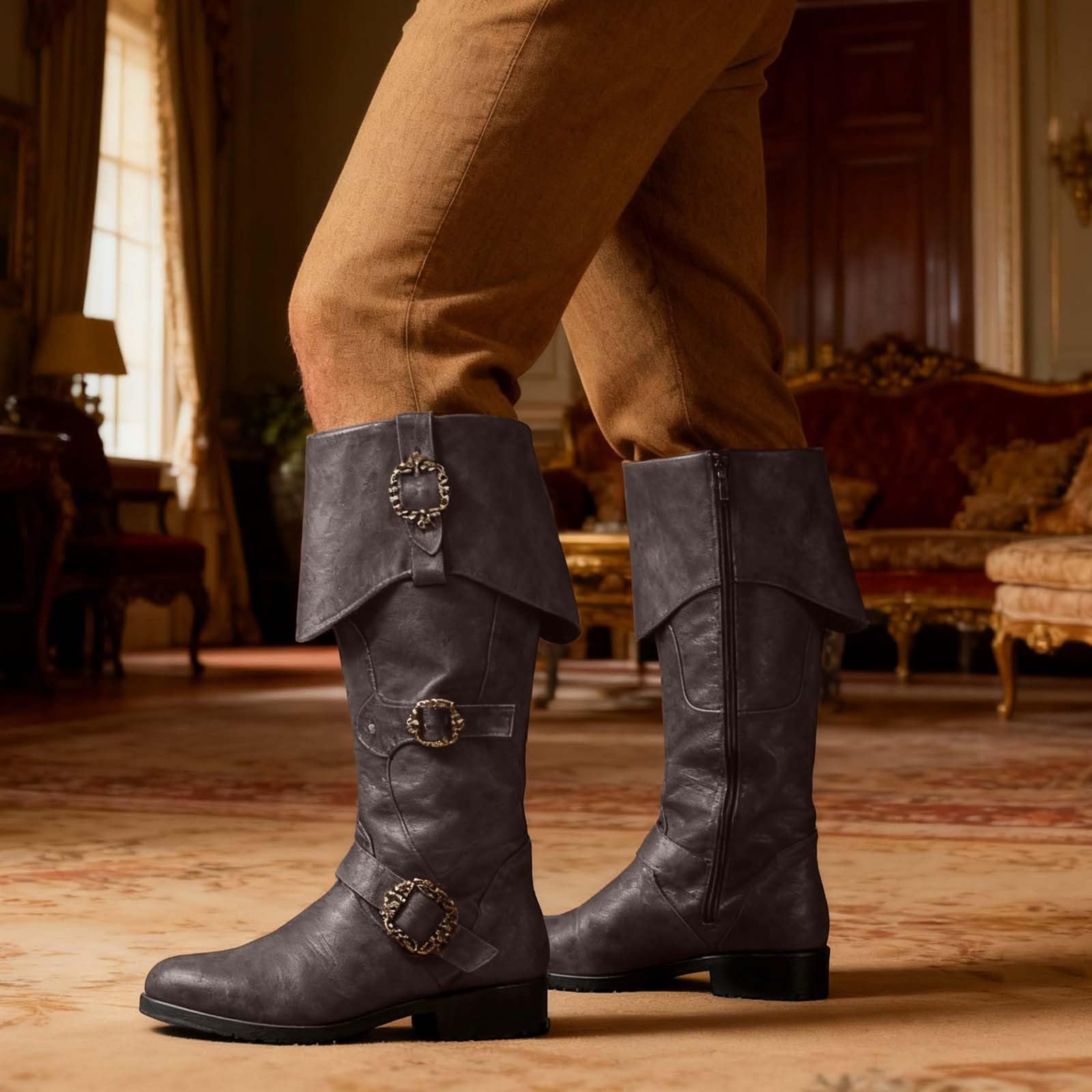 Generisch Bottes 2026 avec fermeture éclair latérale et sangle à boucle de style médiéval - Chaussures décontractées confortables pour les activités de plein air