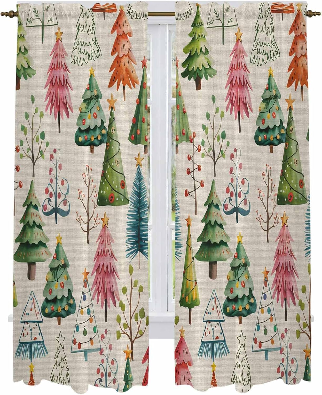 Christmas Pine Window Curtains 72 Inch Long 2 Panel Set, Rod Pocket Long Curtains & Drapes, Winter Colorful Xmas Trees Plant Beige Light Filtering Window Treatment for Bedroom Living Room 52"W x 72"L