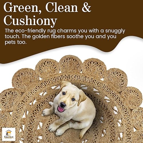 Miniatura 8 de GRUHUM Alfombra tejida a mano de yute de 4 pies, de fibra natural, redonda, hecha a mano, estilo bohemio, rústico, vintage, suave, trenzada,