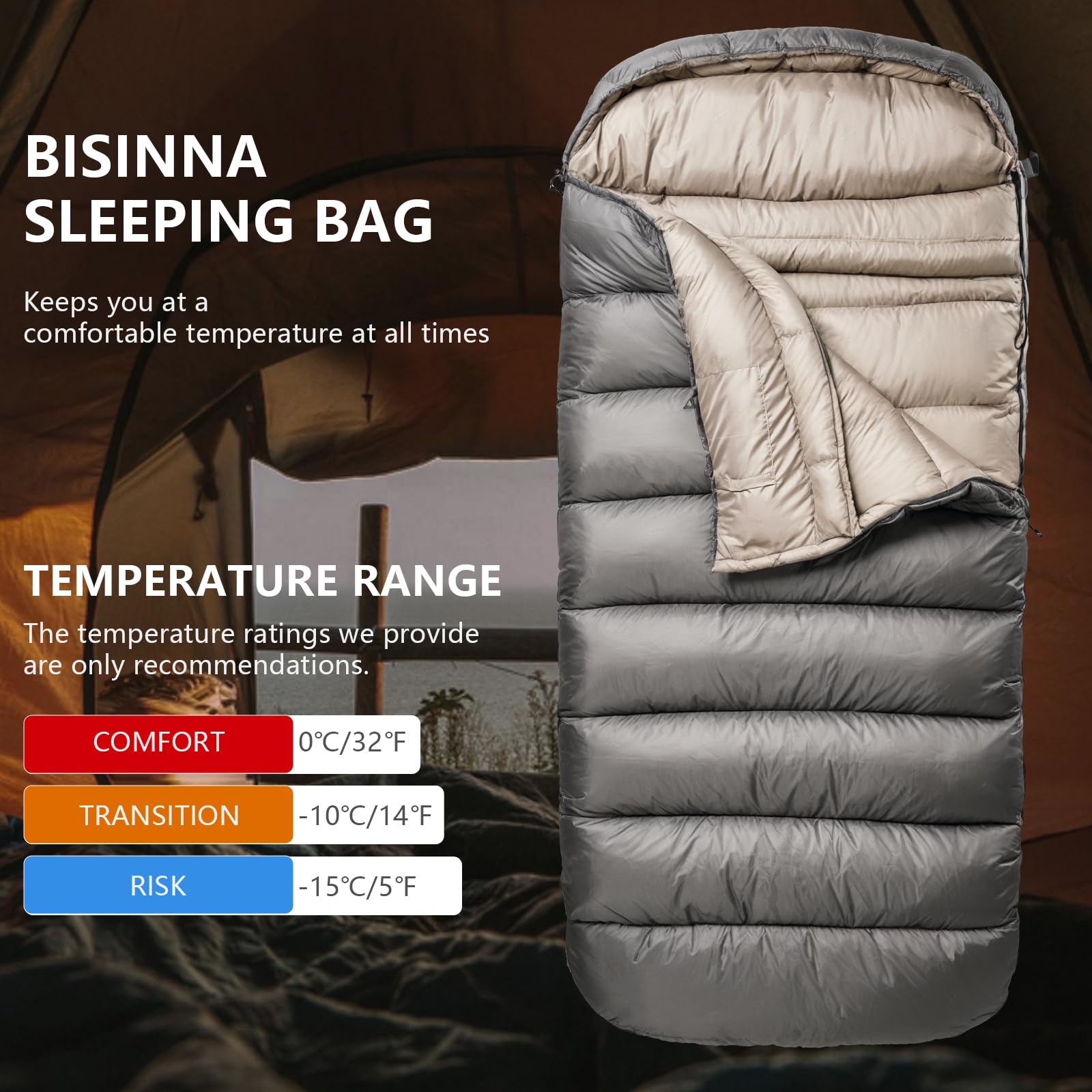 BISINNA Winter-Schlafsack Erwachsene 0°C Komfortzone - XL Extra Groß & Breit, 3,5kg Schwerlast Camping Schlafsack für Statisches Camping & Winter-Camping (230x90cm)