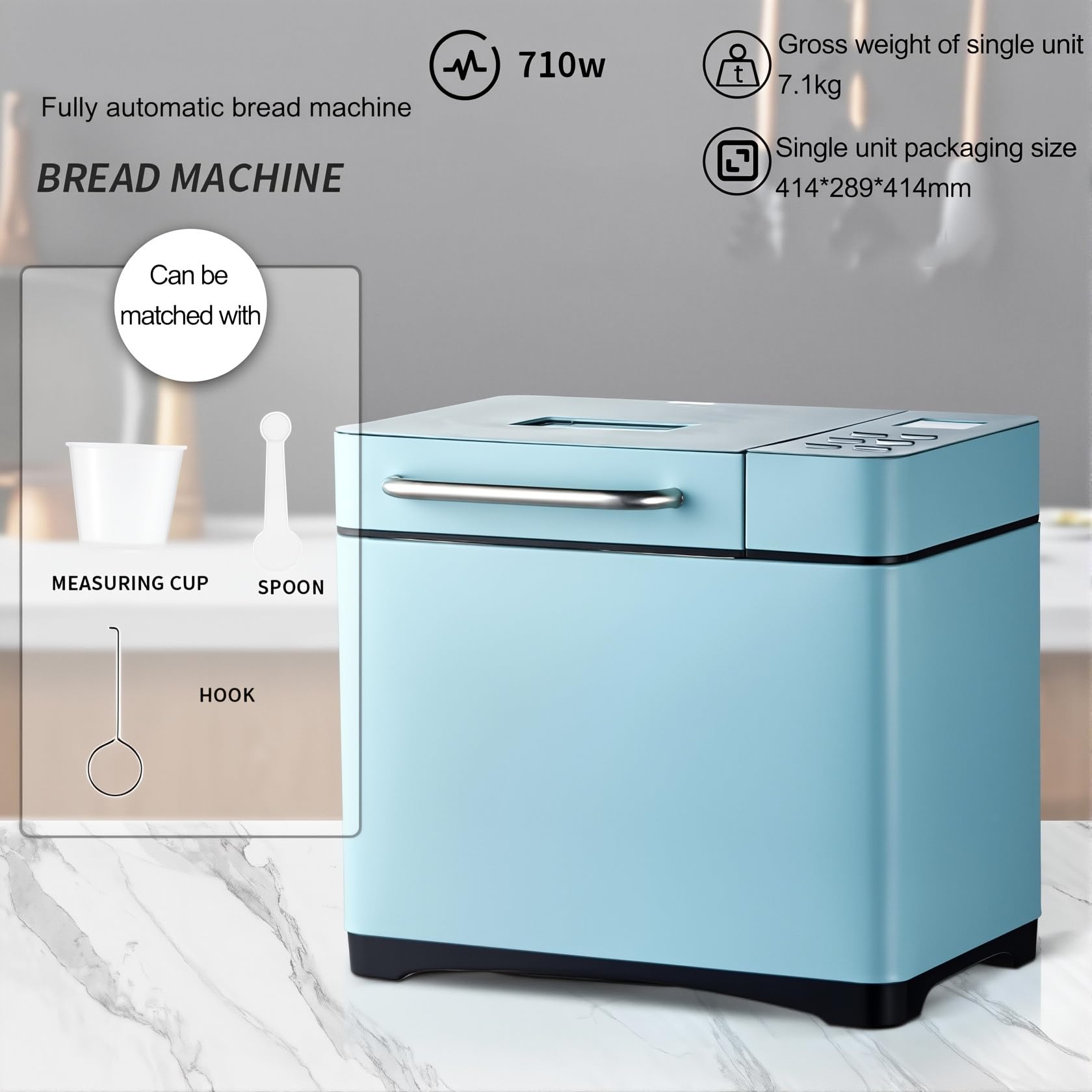 Genérico Panificadora Automática Azul 710 W, 1000 g de Capacidad, 19 Programas, Temporizador de 15 Horas, 40,2 x 27,9 x 39,2 cm, Modelo FzxE314