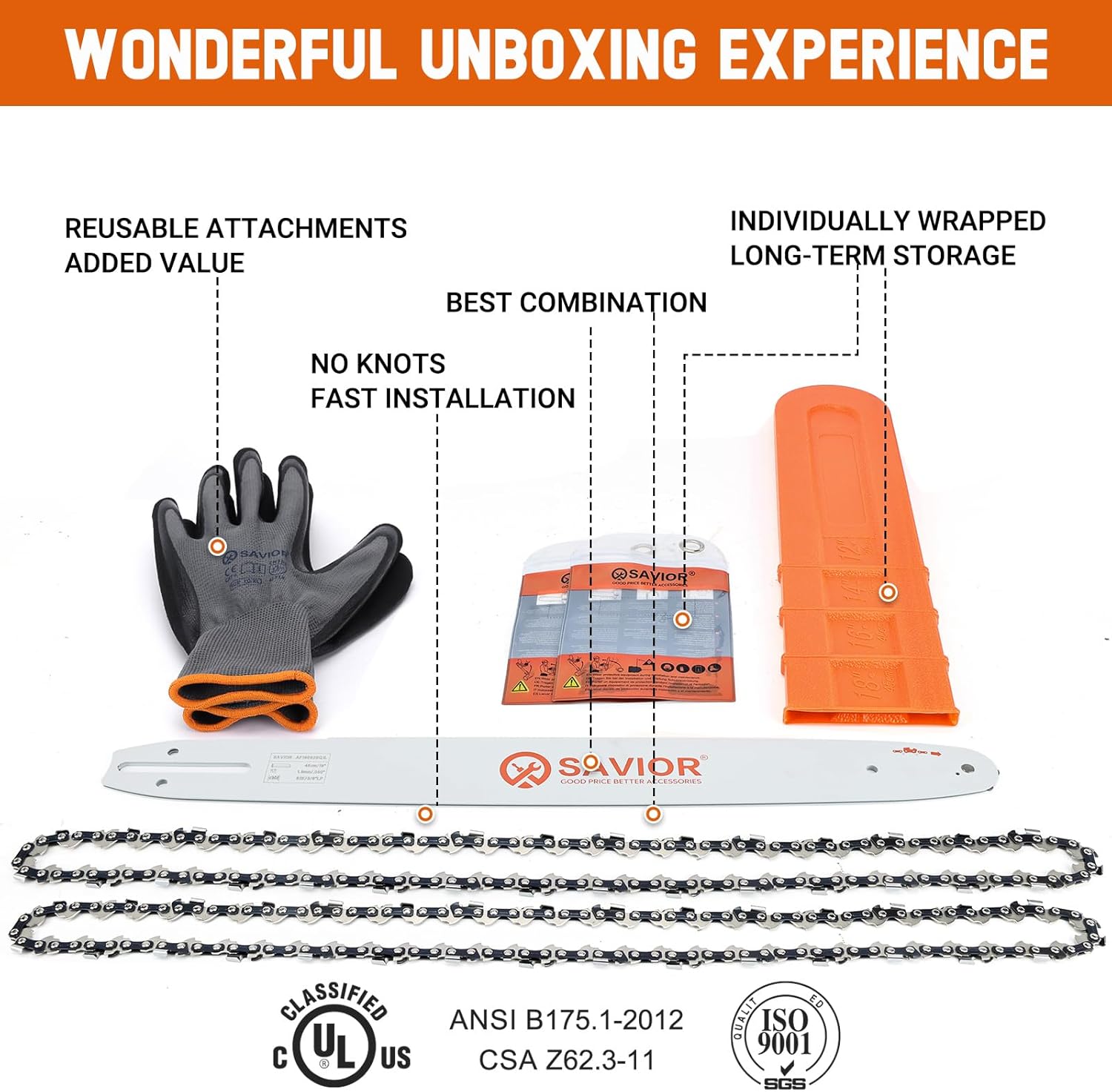 Savior 18 Inch Chainsaw Guide Bar and Chain Combo, 3/8" LP Pitch .050" Gauge 62 Drive Links Replace Oregon 180SDEA041 39272 Guide Bar, Fits Poulan Ego Greenworks Echo Kobalt and More (2 Chains+ 1 Bar)