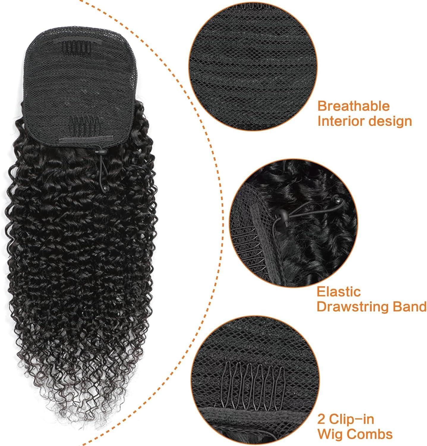 Datanala Kinky Curly Ponytail Extensions Brazilian Virgin Curly Human Hair Drawstring Ponytail Clip in Hair Extensions Natural Black Color(18inch Kinky Curly Ponytail) - Image 3
