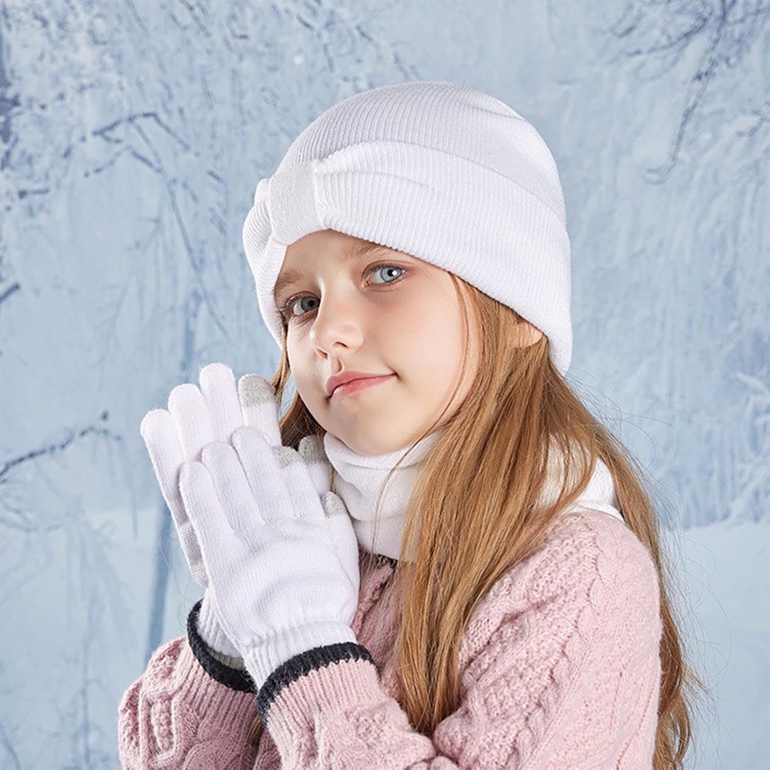 Girls Winter Knit Hat Neck Warmer Hand Warmers 3 Piece Set