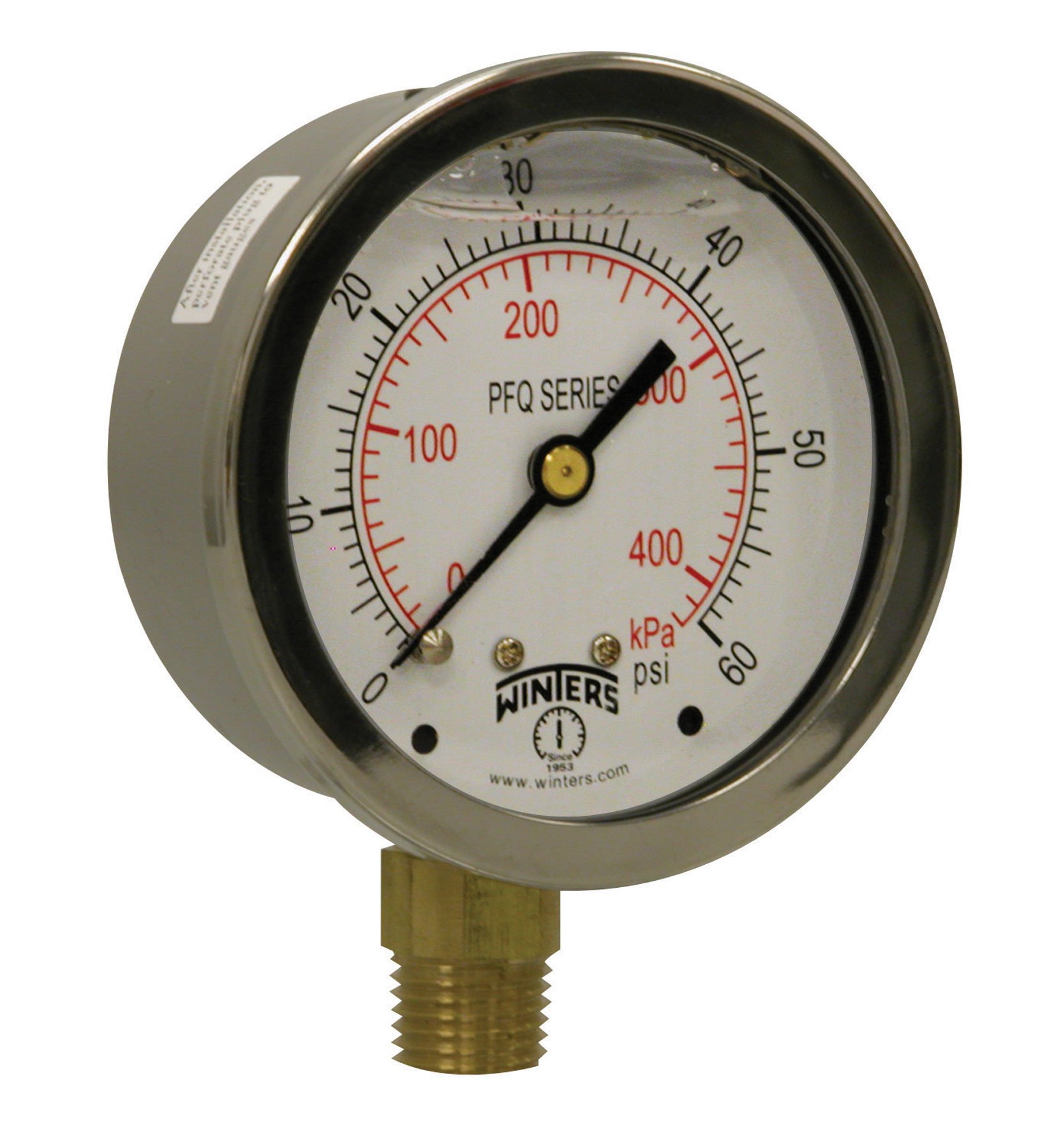 Winters 2-1/2" Dial Size, Liquid Filled Industrial Pressure Gauge, Brass Internals, 304 Stainless Steel Case, Dual Scale 0-60 psi/kPa, 1.5% Acc, 1/4"