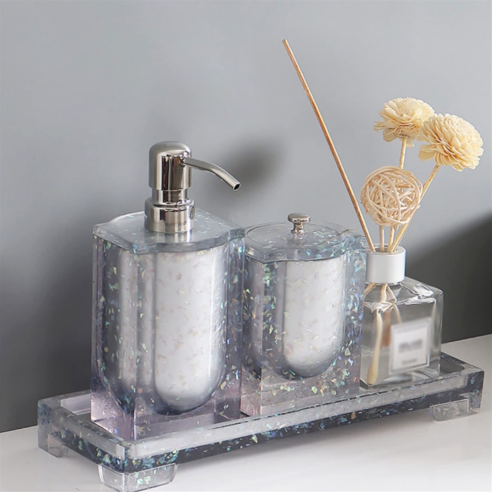 Distributeur de Savon Lumineux en résine pour Salle de Bain, Flacon Distributeur de Liquide Grande capacité de 400 ML, tête de Pompe en Acier Inoxydable pour Cuisine (Couleur : Gris)