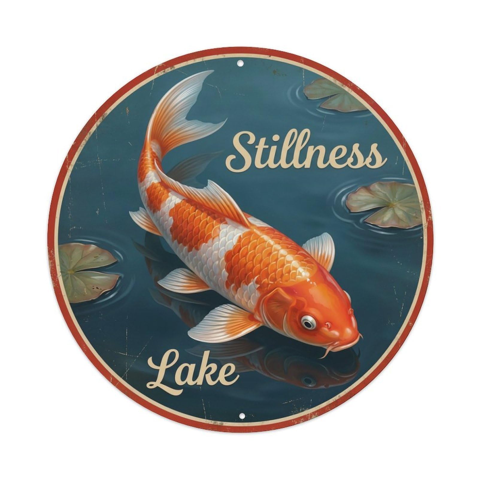 Metal Tin Sign Koi Fish Lake Reflection Japan Vintage Ukiyo-e
