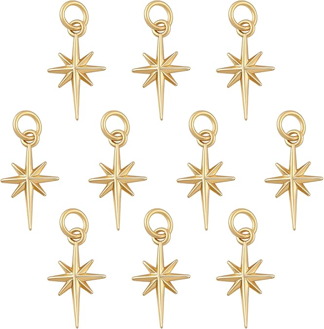 10 Pcs North Star Charm Pendants Brass Star Charm Real 18K Gold Plated Pendants for Jewelry Necklace Bracelet Making Crafts