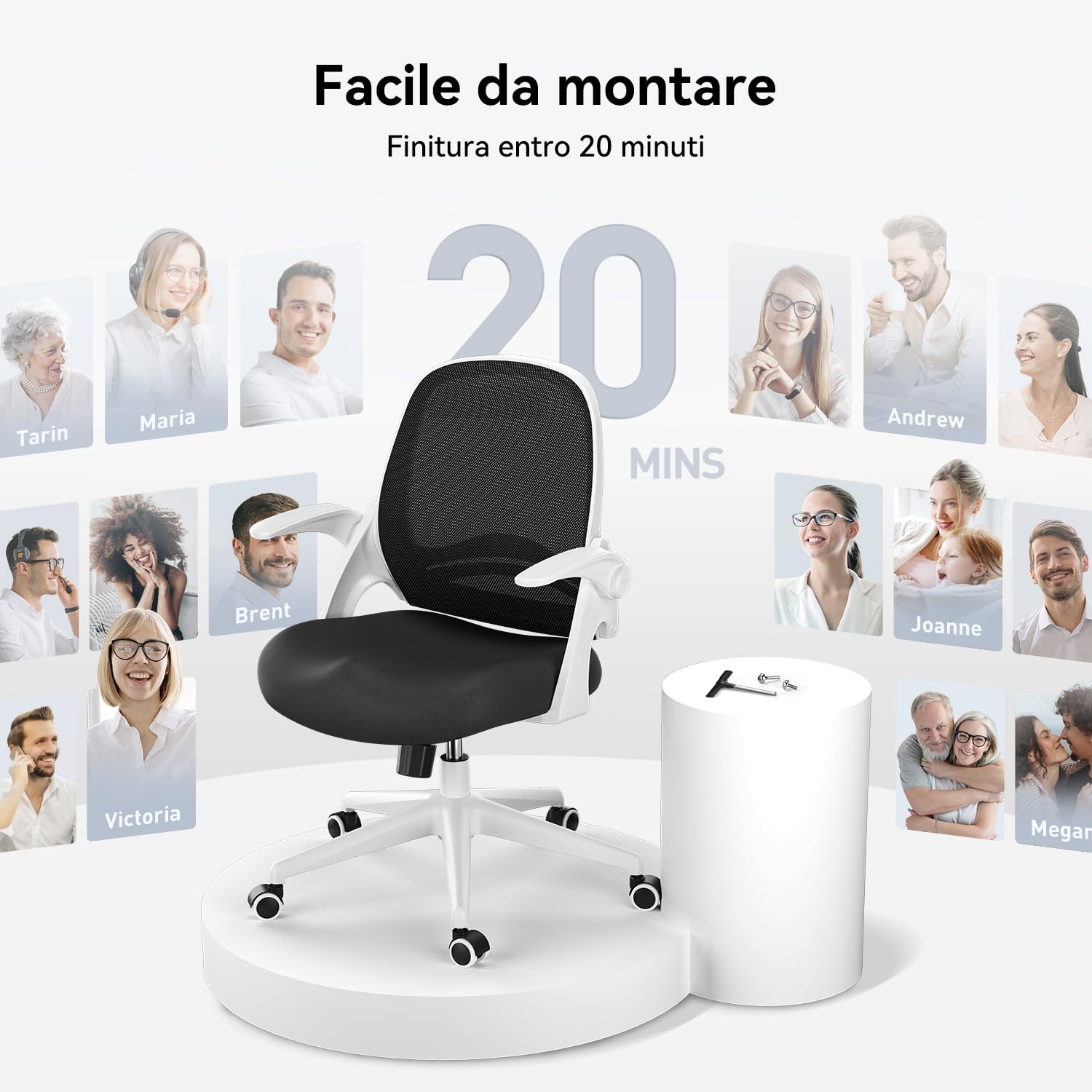 Hbada J1 Sedia da ufficio ergonomica, poltrona da ufficio con bracciolo pieghevole, seduta in tela, girevole a 360°, Bianco