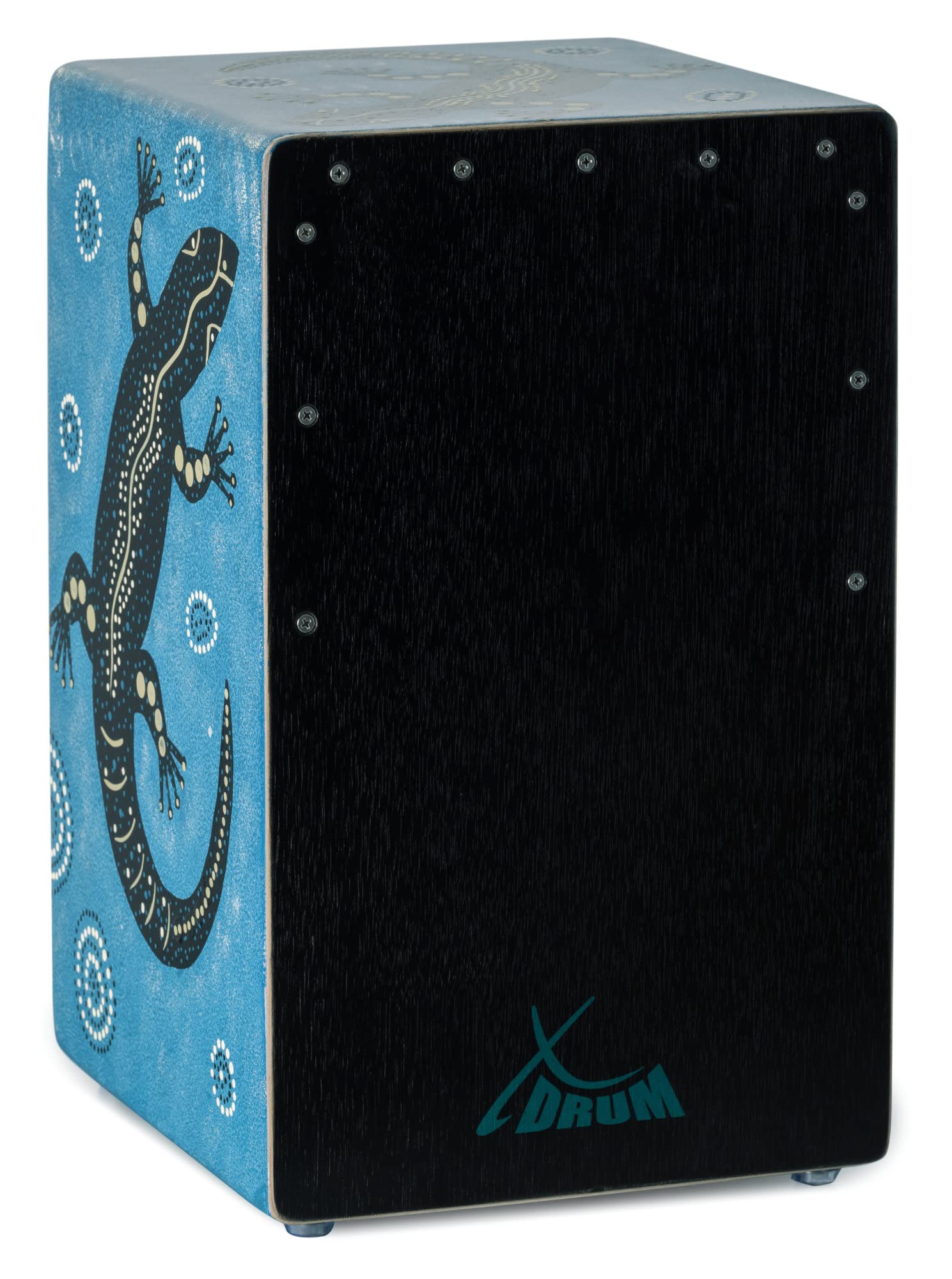 XDrum Design Series Cajon “Gecko” - Handbemalte Designer-Cajon mit Dot Art-Geckos - Integrierter Bass Port - Korpus aus HPL (High Pressure Laminate) - Fest installierter Snare-Teppich