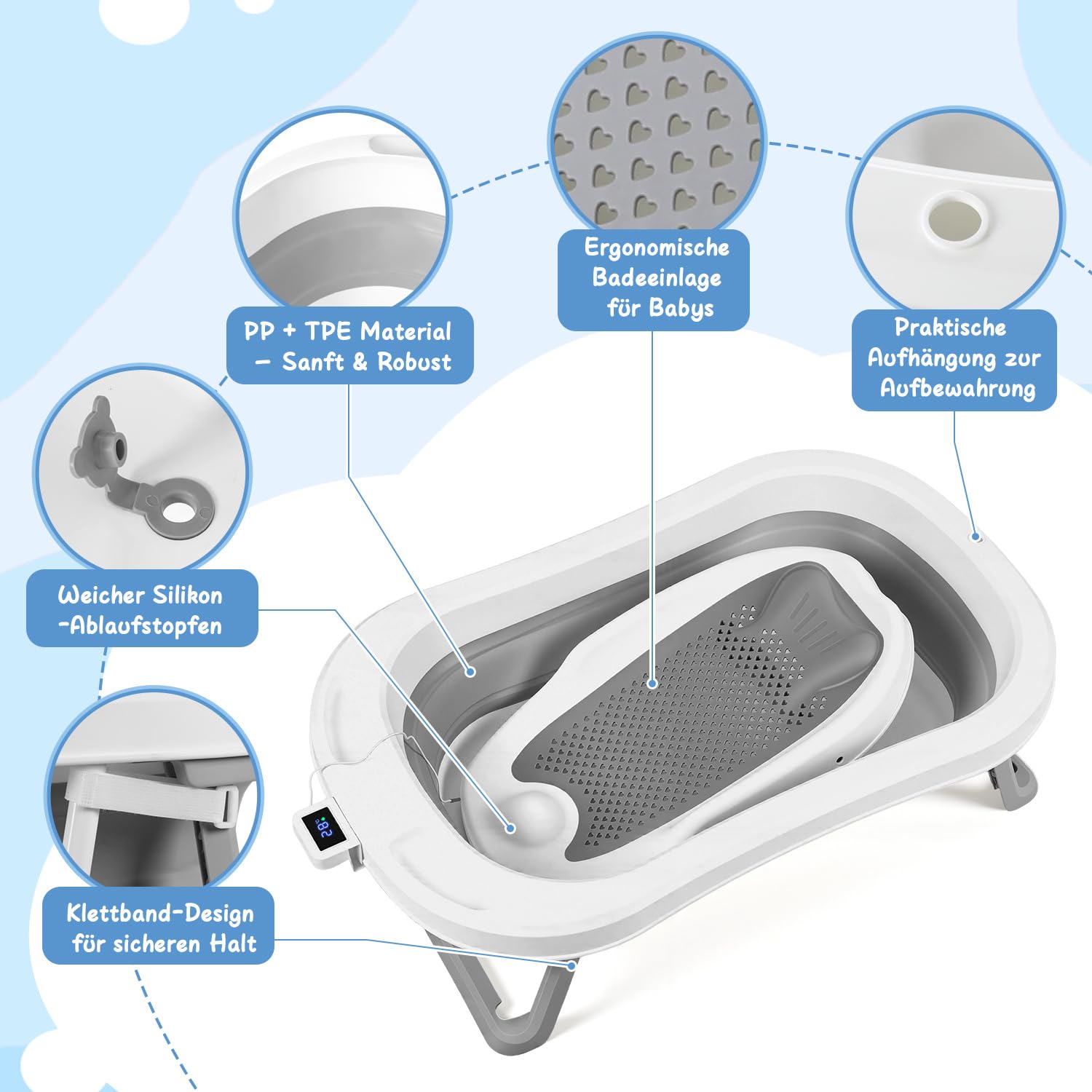 Bañera plegable para bebés con estructura y térmica, color gris con asiento de baño y termómetro extraíble, ahorra espacio, plegable para recién nacidos de hasta 3 años