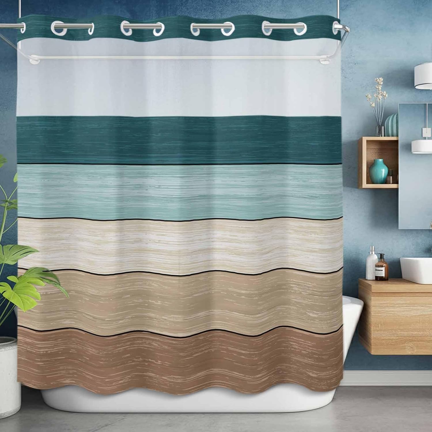 No Hook Shower Curtain with Snap in Liner, Teal Blue Brown Farm Barn Wood Shower Curtains for Bathroom Bath Curtain with See Through Top Window Vintage Pattern
