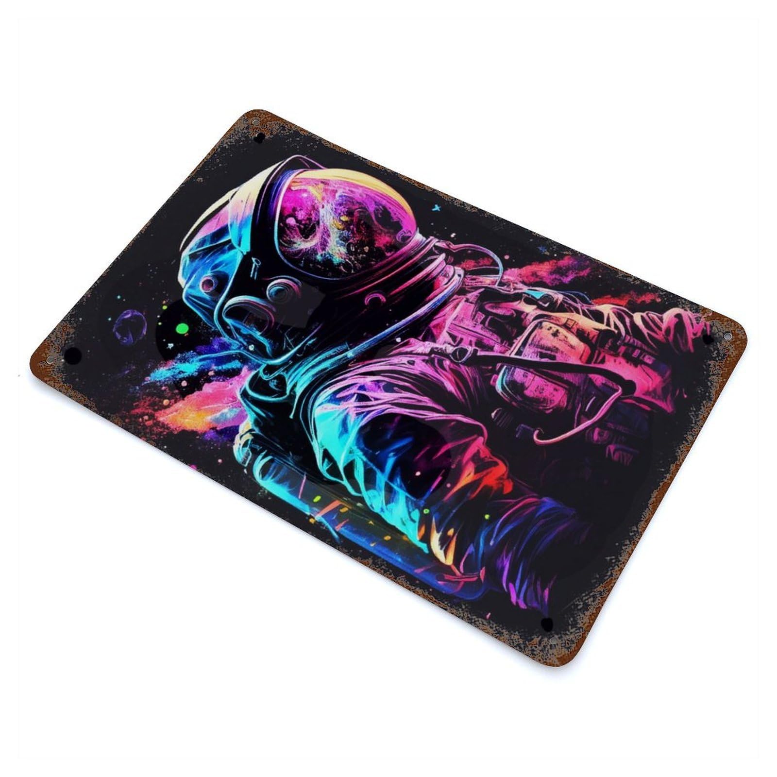 Garage Style Astronaut Neon Light Color Rust Effect Tin Sign 11.8"x7.9", Industrial Home Decor for Bar And Workshop