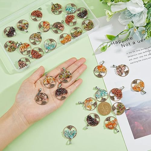 Miniatura 2 de SUPERFINDINGS 32 colgantes de 8 estilos de piedras preciosas del árbol de la vida, colgante redondo plano y redondo natural, collar de chakras con