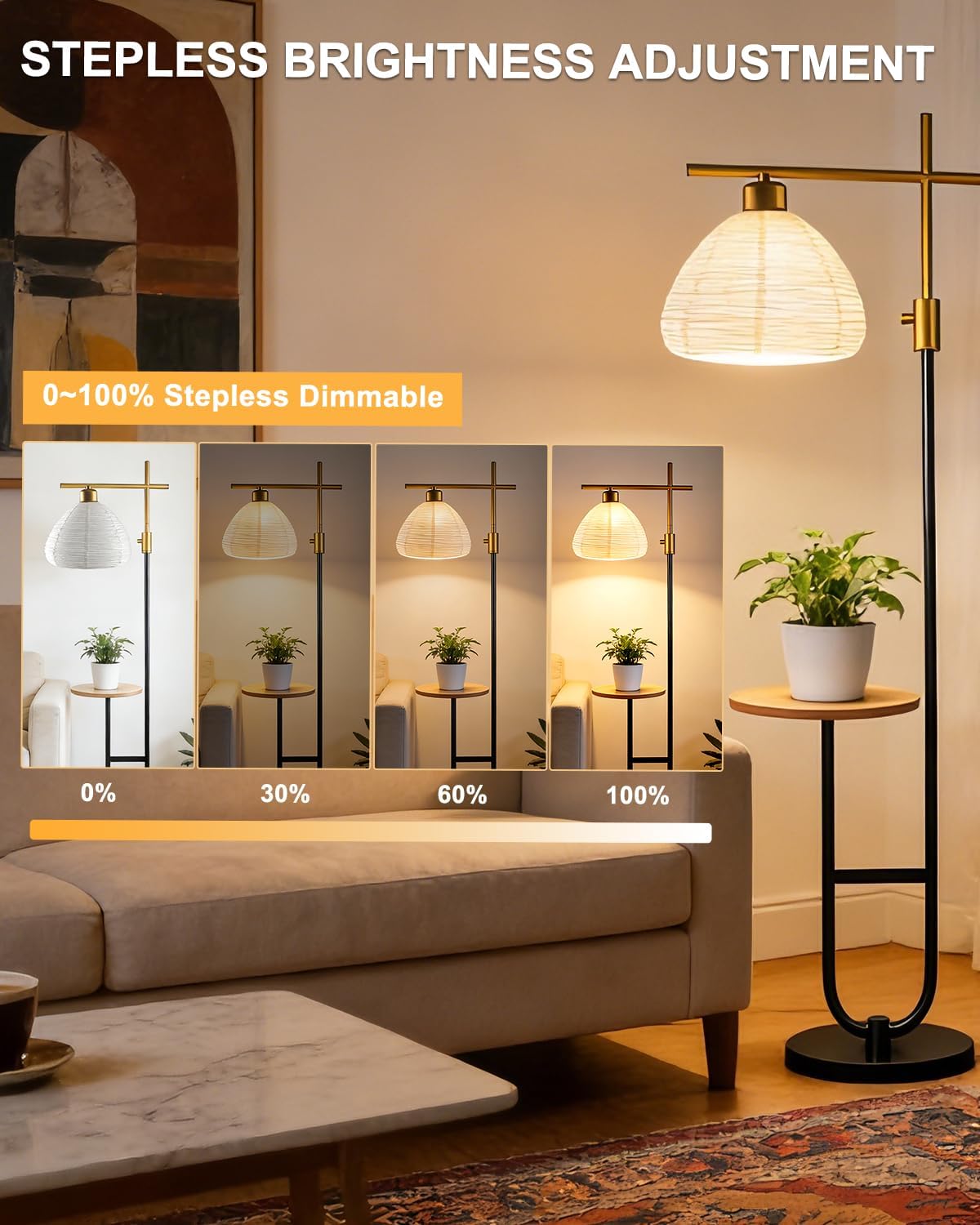 Lightdot 66IN Gold&Black Dimmable Floor Lamps with Storage Table, Modern Standing Tall Lamp with Milky White Globe Lampshade, Cross-Shaped Lamp Head and U-Pole Base Style for Living Room/Bedroom