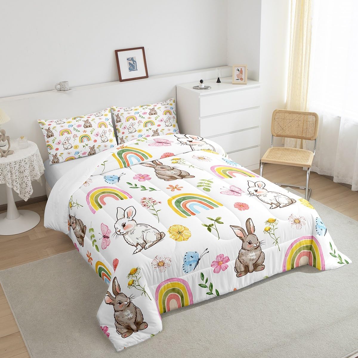 Feelyou White Brown Rabbit Comforter Twin Size Cartoon Cute Bedding Set for Boys Girls Children Rainbow Comforter Set Floral Butterfly Quilt Set 2Pcs