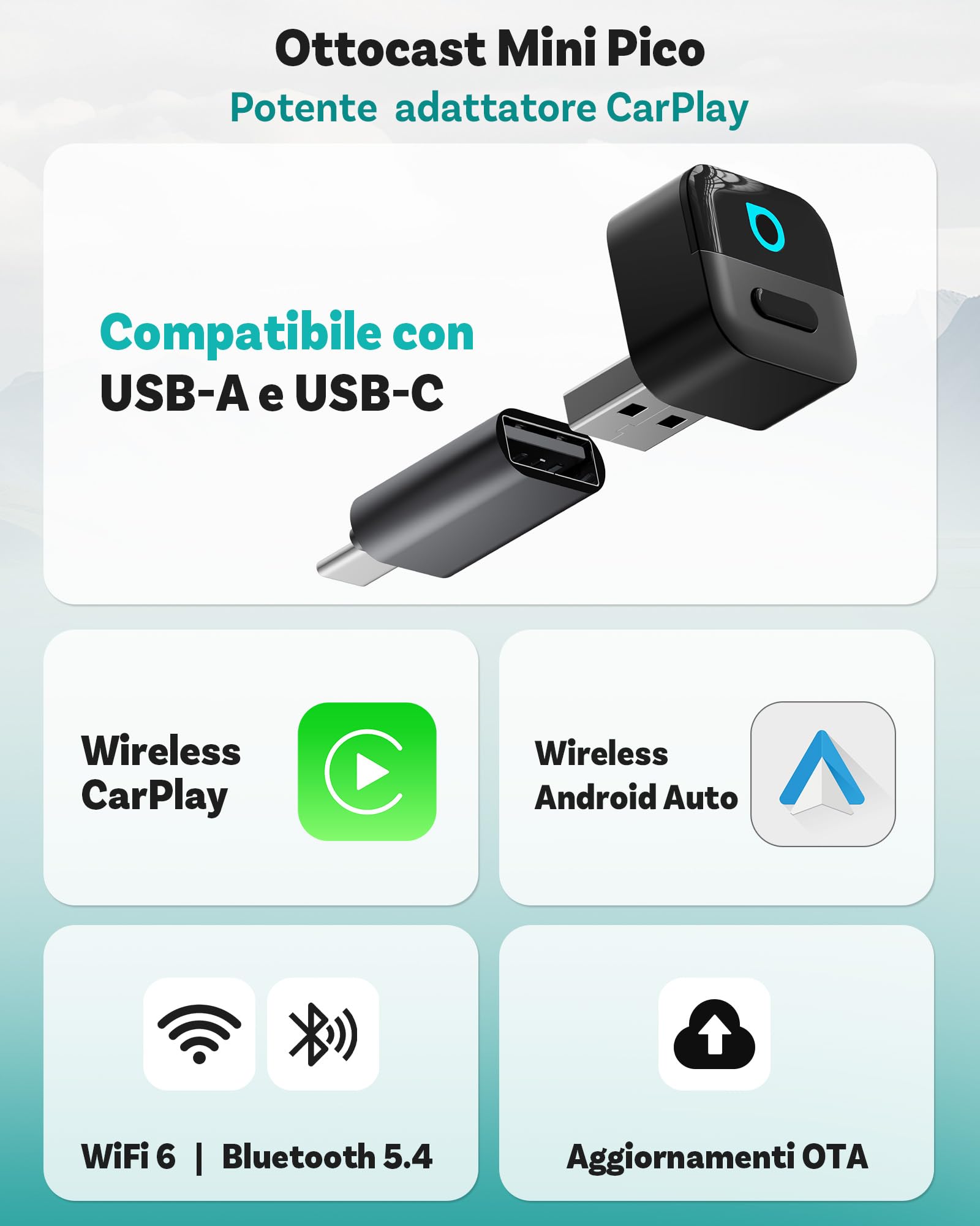 Ottocast Mini Pico 2026 Adattatore Wireless CarPlay & Android Auto, WiFi 6 & Bluetooth 5.4, USB Plug & Play, Da CarPlay/Android Auto Cablato a Wireless,Riconnessione automatica, aggiornamento OTA