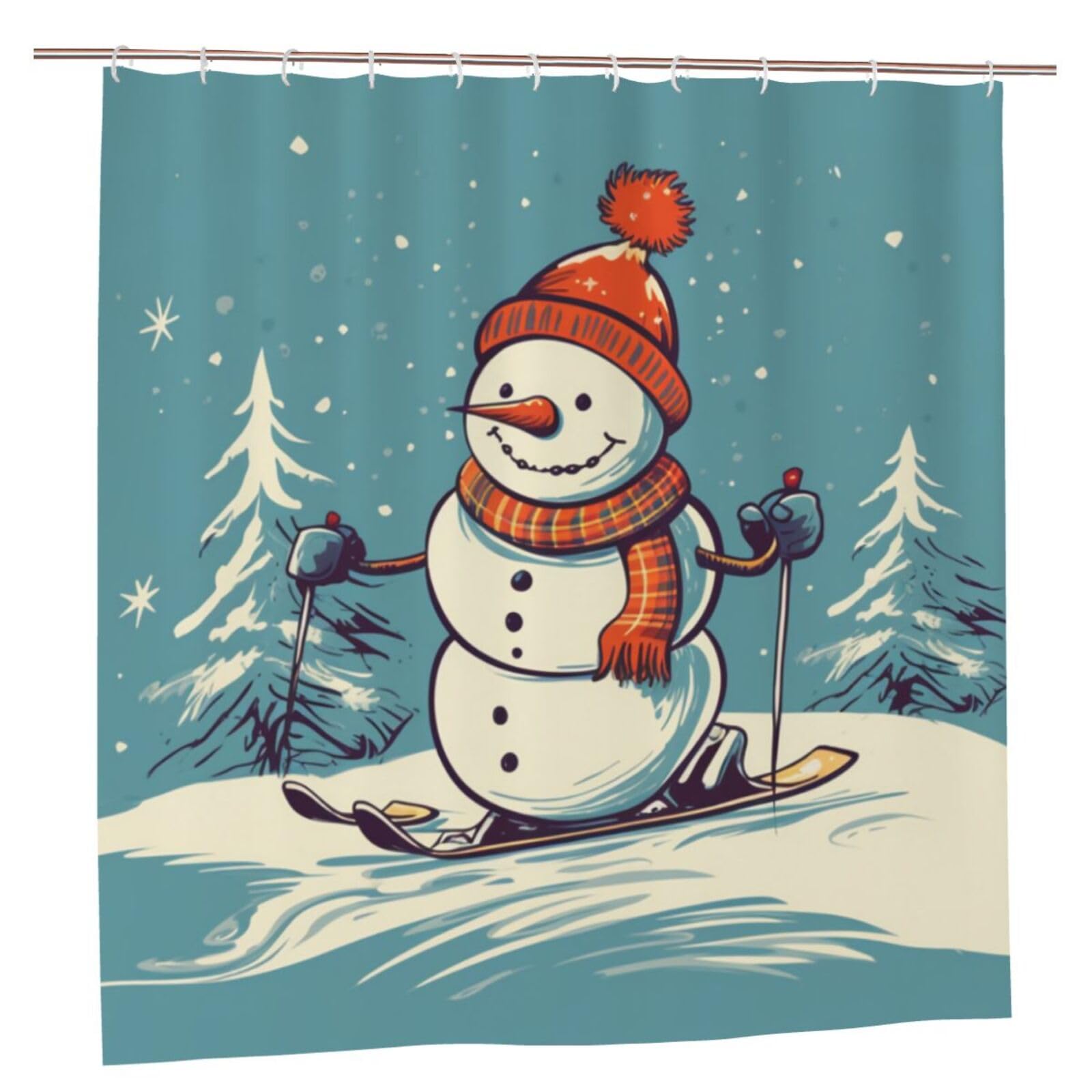 BWWHCCTI Skiing Snowman Printed Shower Curtain With 12 Plastic Hooks Opaque Quick Drying Waterproof Shower Curtains Sets For Bathroom 183x183 CM