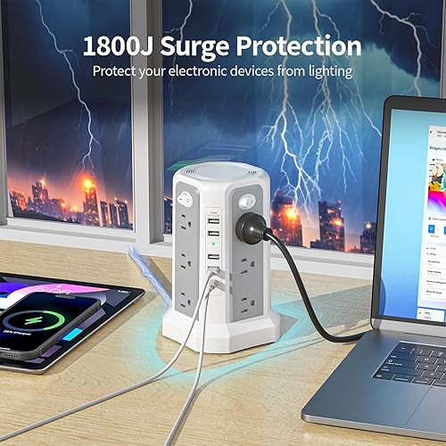 Miniatura 3 de Torre de regleta protectora contra sobretensiones con puerto USB C (PD18W), cable de extensión de 10 pies con 12 salidas de CA, 5 puertos de carga