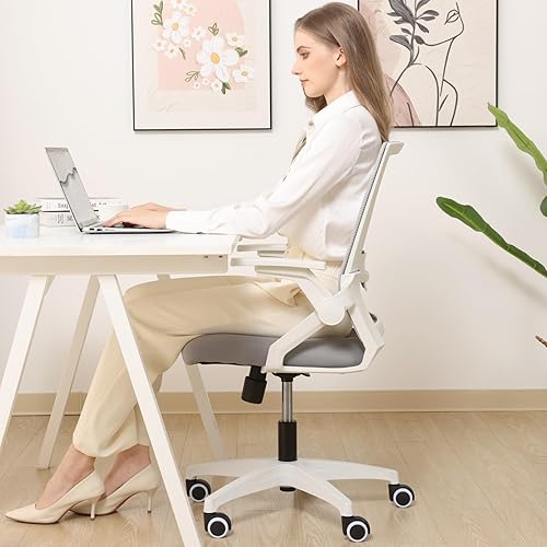 Miniatura 12 de Silla ergonómica de oficina con altura ajustable de malla, silla giratoria con brazos abatibles y soporte lumbar, color rosa Brazos abatibles