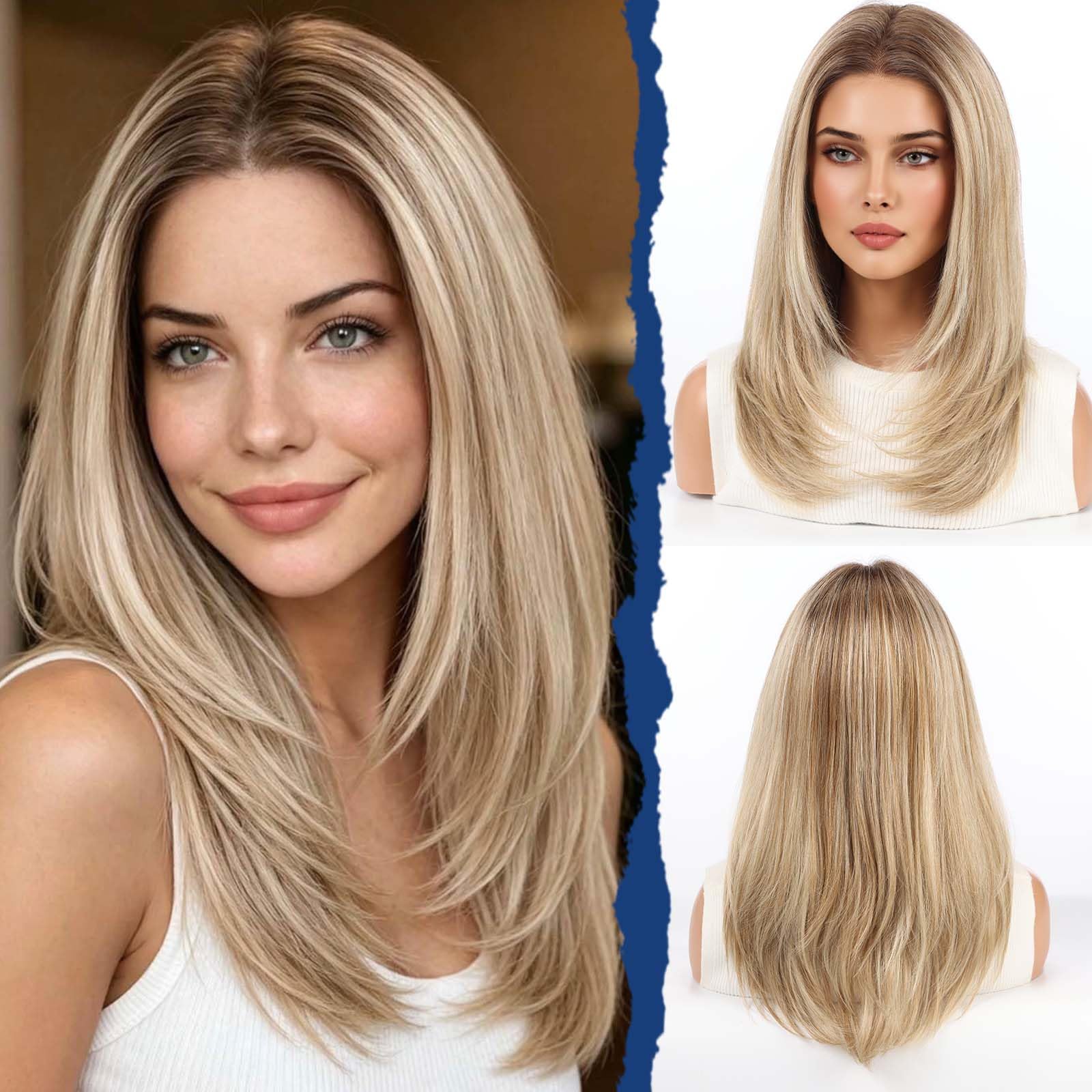 HAIRCUBE 18 Inch Human Hair Blend Lace Front Wig Glueless HD Swiss Lace Mixed Blonde Middle Part Layered Shoulder Length Wigs for Women Daily Natural
