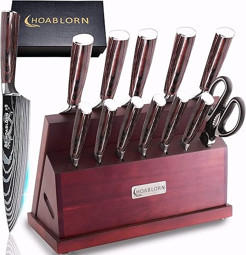 Kitchen Knives Set with Block HOABLORN Luxury 19pcs Magnetic Block Knife Sets Acacia Knife Holder With Strong Magnet HeartFull Kitchen Knives of
