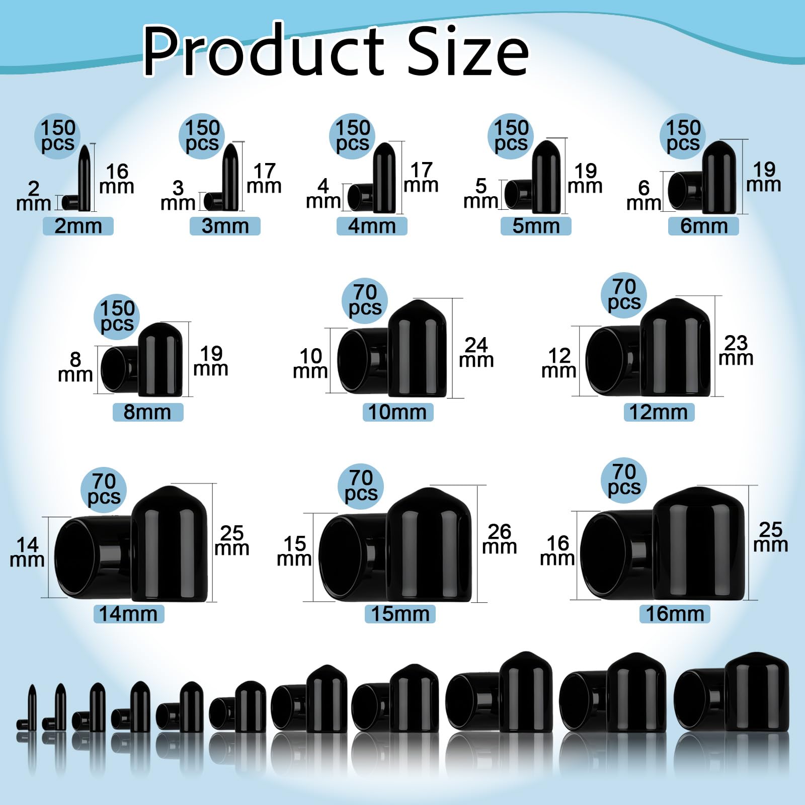 150 Pezzi Tappi Terminali in Gomma 4mm ID, Rotondi Cappucci Terminali in PVC, Copertura Protezioni per Viti, Bulloni, Filettature, Tubi, Gambe di Sedia e Astine, Nero