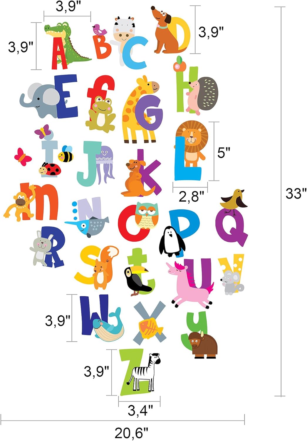 ABC Wall Decals - Alphabet Educational Animal Stickers - Classroom Decor - Playroom Decals for Wall - Animal Letters to Stick Kindergarden - Bedroom Stickers Kids ABC Lettering - [Gift Included]!