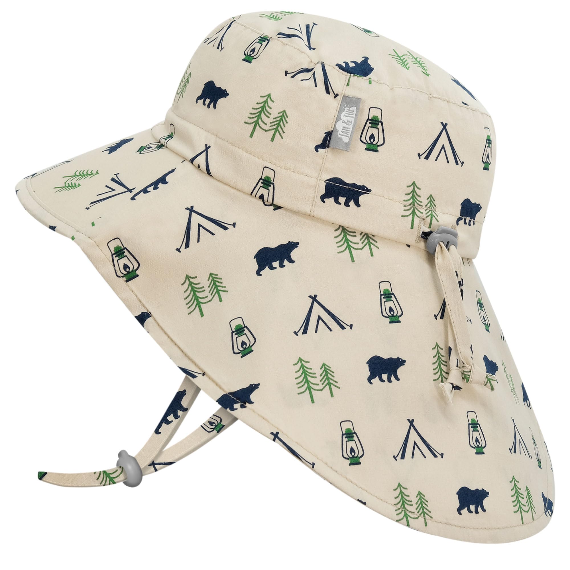 JAN & JUL Breathable Cotton Sun Protection Baby Boy Beach Hat with Neck Flap (M: 6-24 Months, Bear Camp)