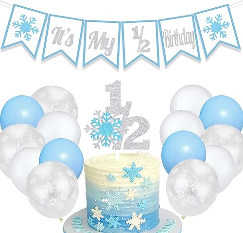 Decoración de invierno 12 cumpleaños copo de nieve media pancarta decoración de pastel globos suministros de fiesta azul