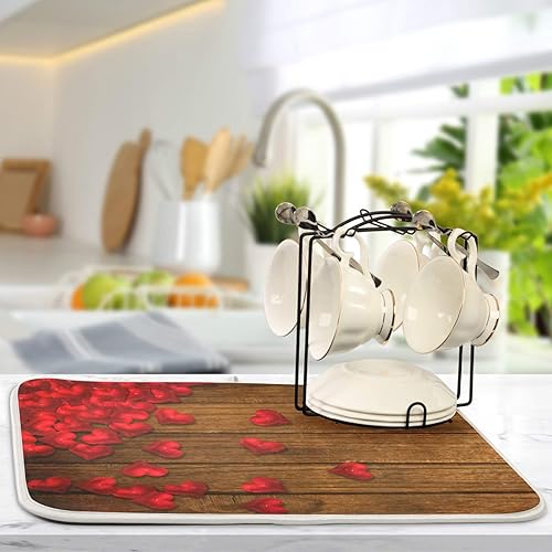 Miniatura 6 de Tapete de secado de platos para encimera de cocina, diseño de corazón rojo sobre tabla de madera, almohadilla de secado de microfibra absorbente,