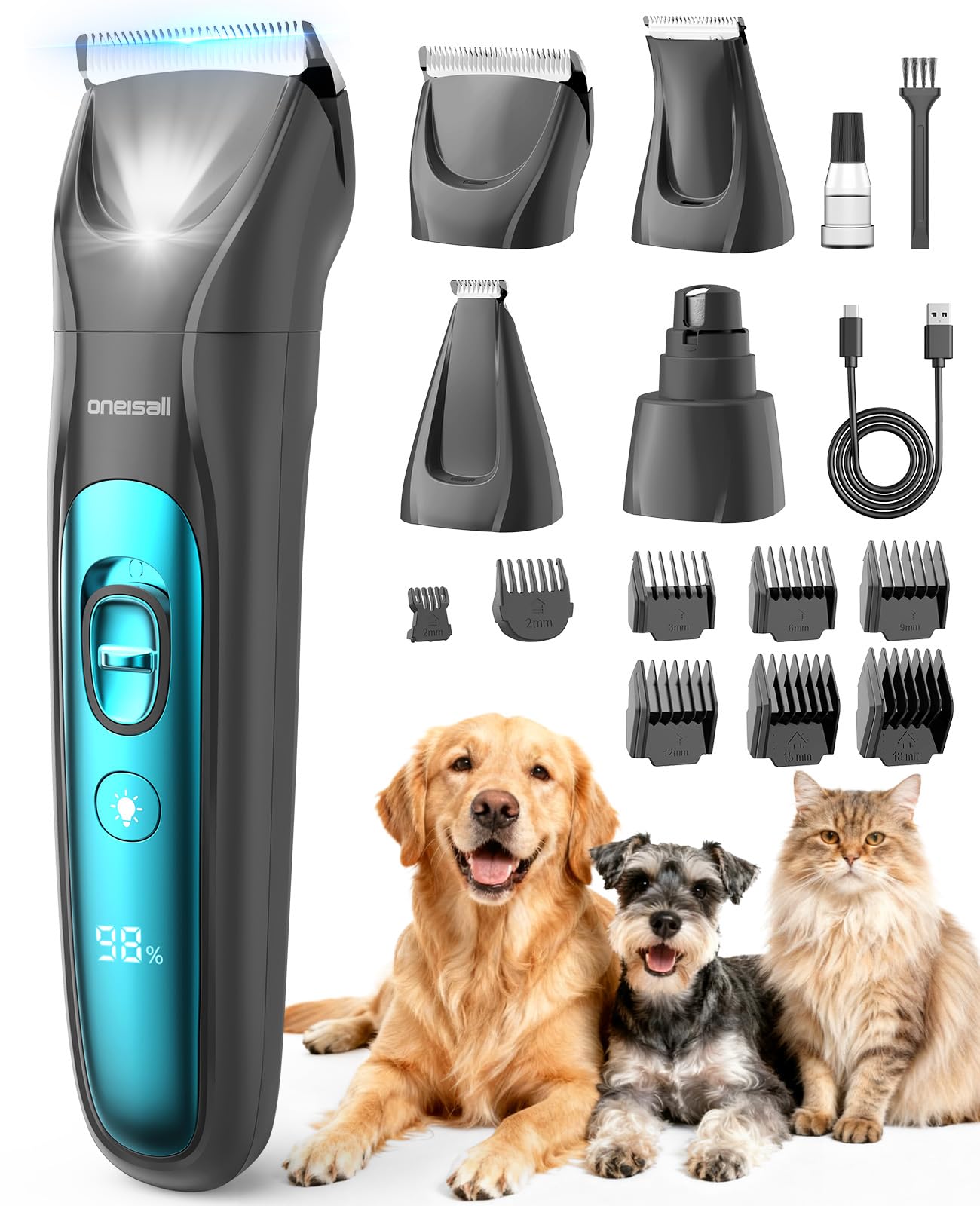 oneisall Quiet Dog Clippers for Grooming LED Light, Cordless Dog Grooming Kit 4 in 1, 2000mAh Pet Clippers Paw Trimmer Nail Grinder for Paw, Nail, Face, Ears, Legs, Body