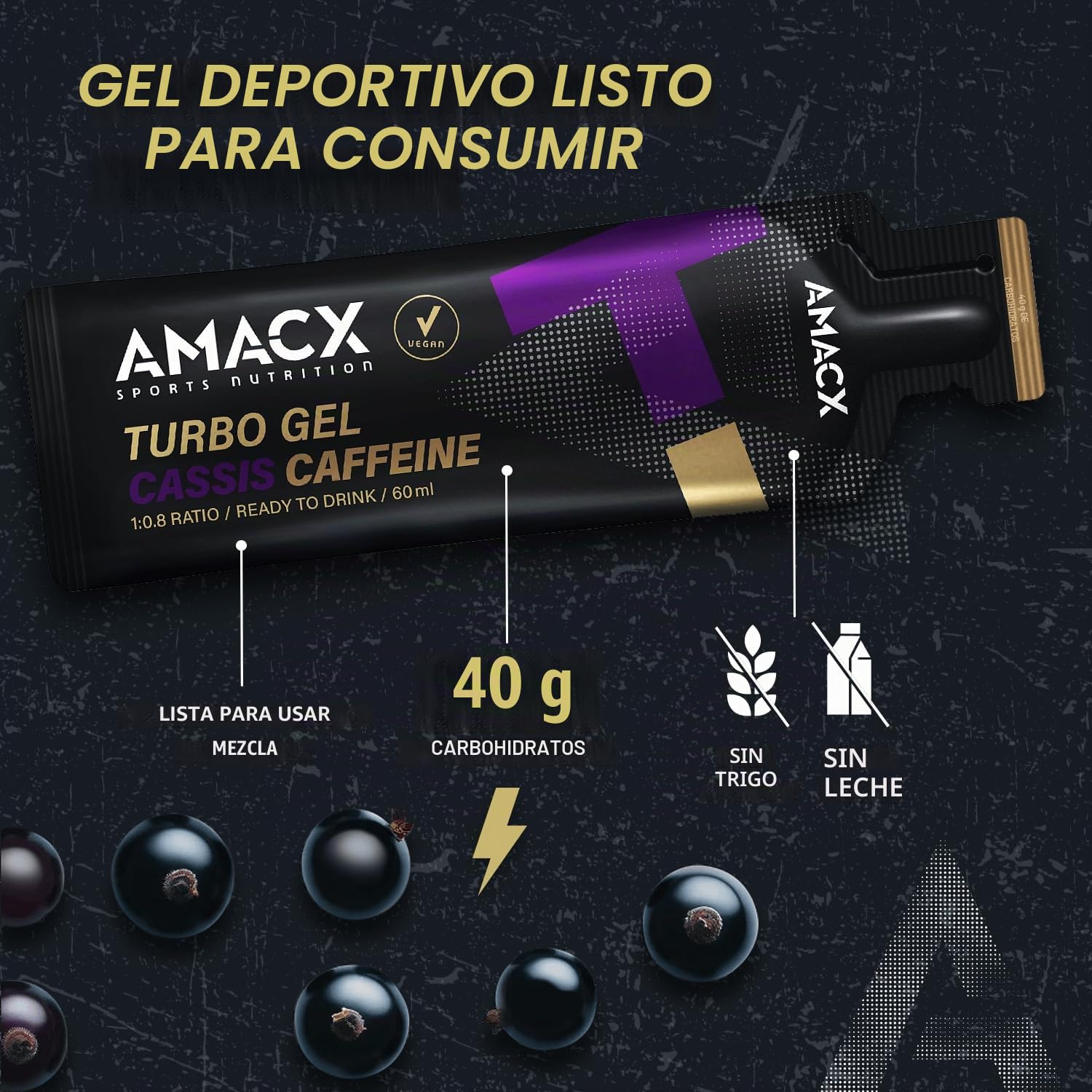 AMACX Turbo Energy Gel para Deportistas de Resistencia con Cafeína – Paquete de 12 – Geles Energeticos Ciclismo y Running – Electrolitos Hidratacion y 40g Carbohidratos – Cassis/Cafeína