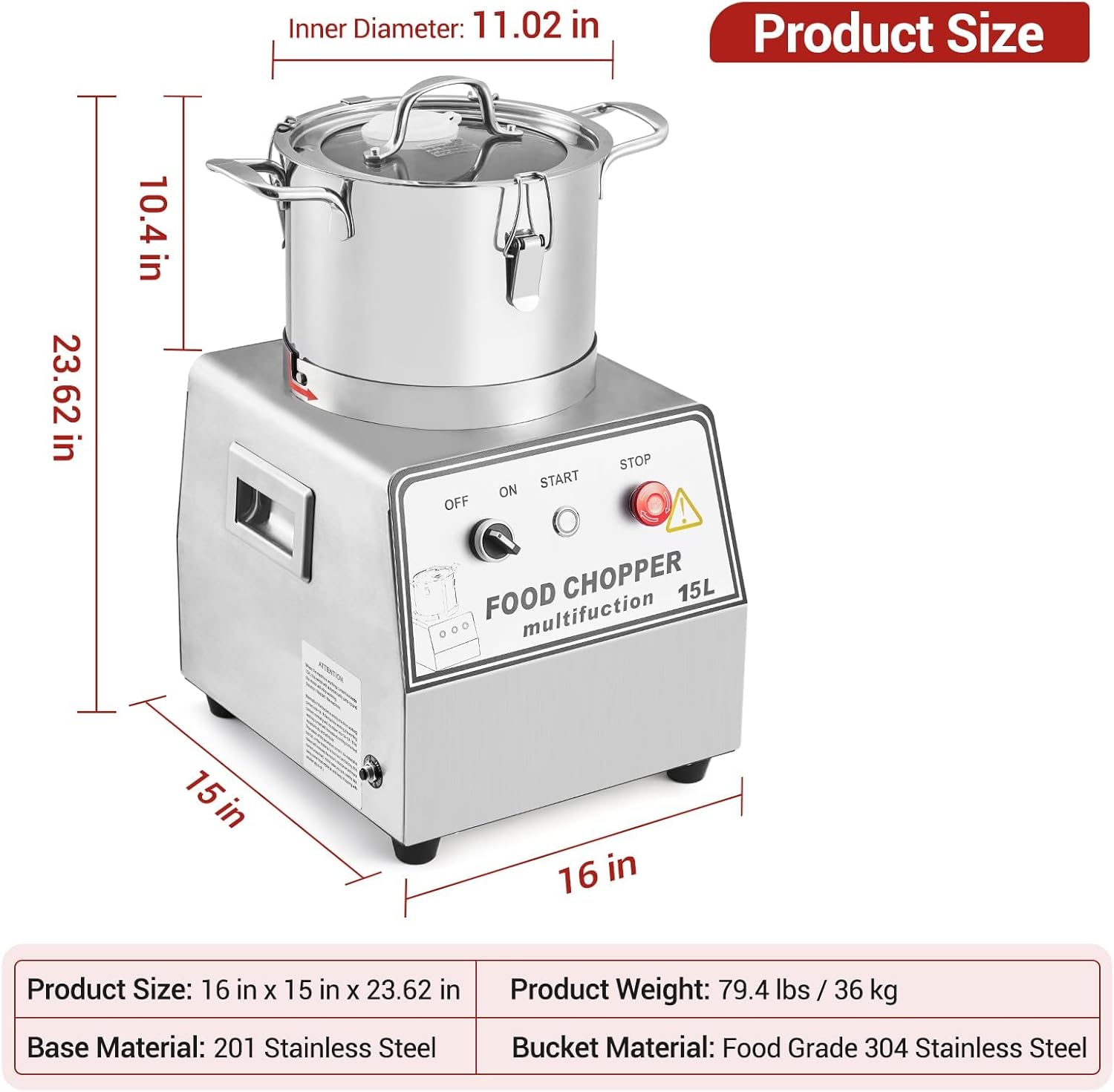 1400W Stainless Steel Commercial Food Processor, 63 Cup (16QT) Capacity, Electric Chopper & Meat Grinder for Vegetables, Nuts, Mixing, Blending, Durable Pro Kitchen Food Processing Machine