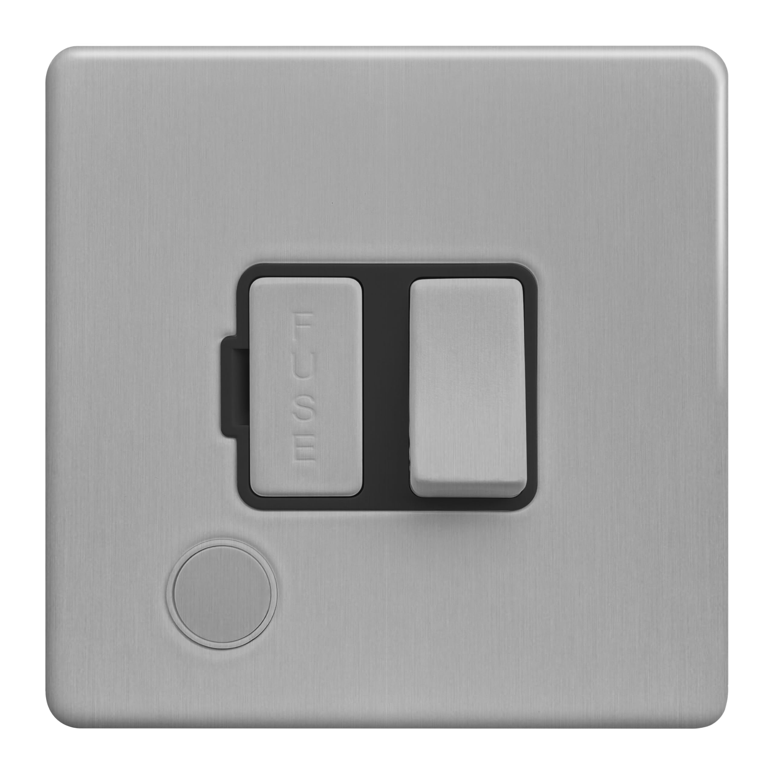 EVOGES Terra Switched Fused Connection Unit with Flex Outlet โ 13A FCU with Neon Indicator, Wall Mounted Fused Spur for Fixed Appliances, UK Wiring Accessories (Brushed Chrome (Black Insert))