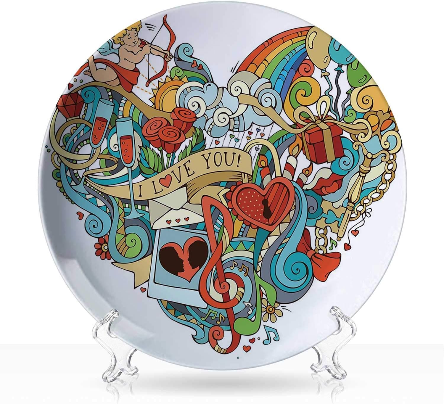 I Love You,Outer Space Ceramic Decorative Plate Love with Eros Arrow Colorful Present Boxes Swirls Balloons Ring Marry Me Concept Interior Art 8"Inch