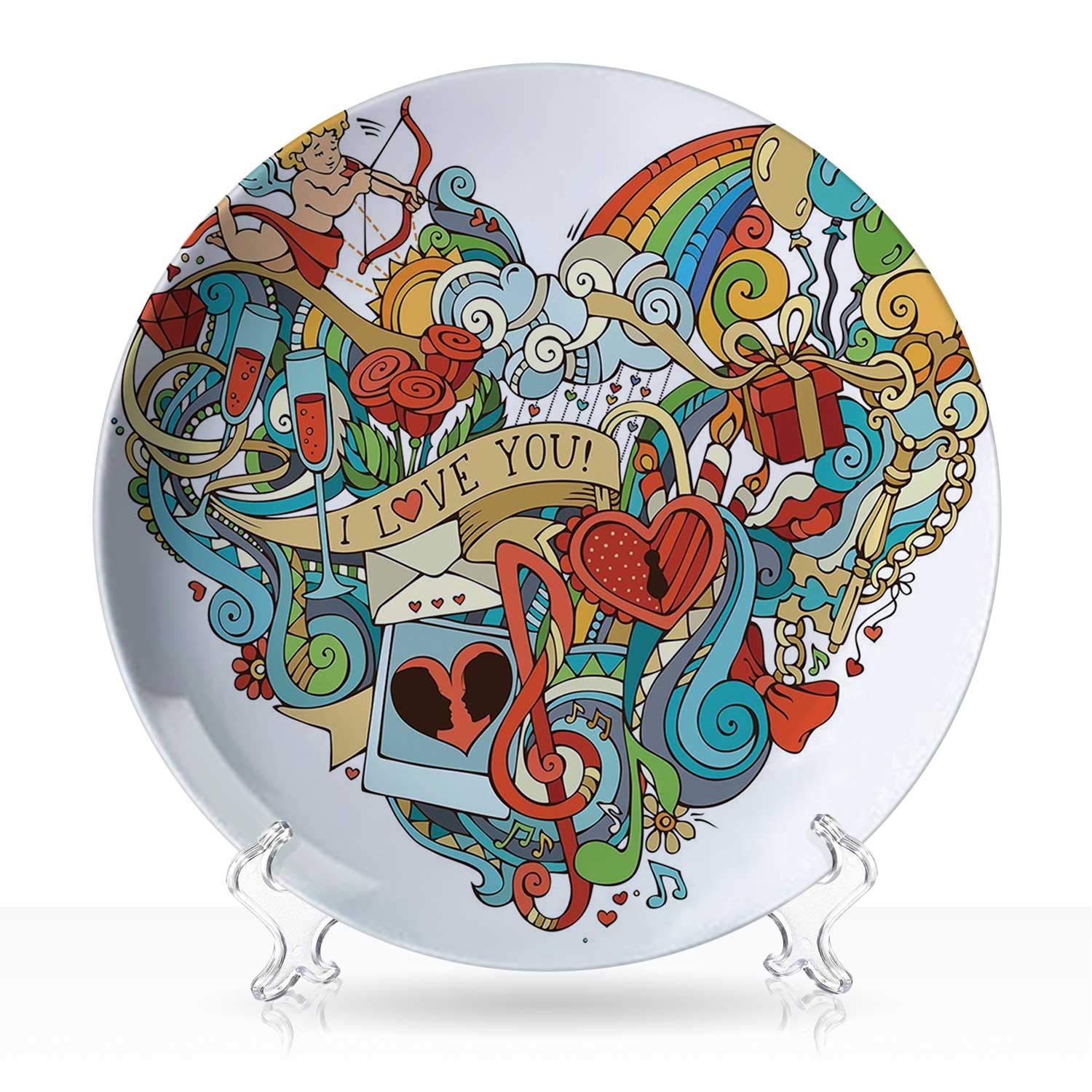 I Love You,Ceramic Decorative Plate Love with Eros Arrow Colorful Present Boxes Swirls Balloons Ring Marry Me Concept Interior Art 6"Inch