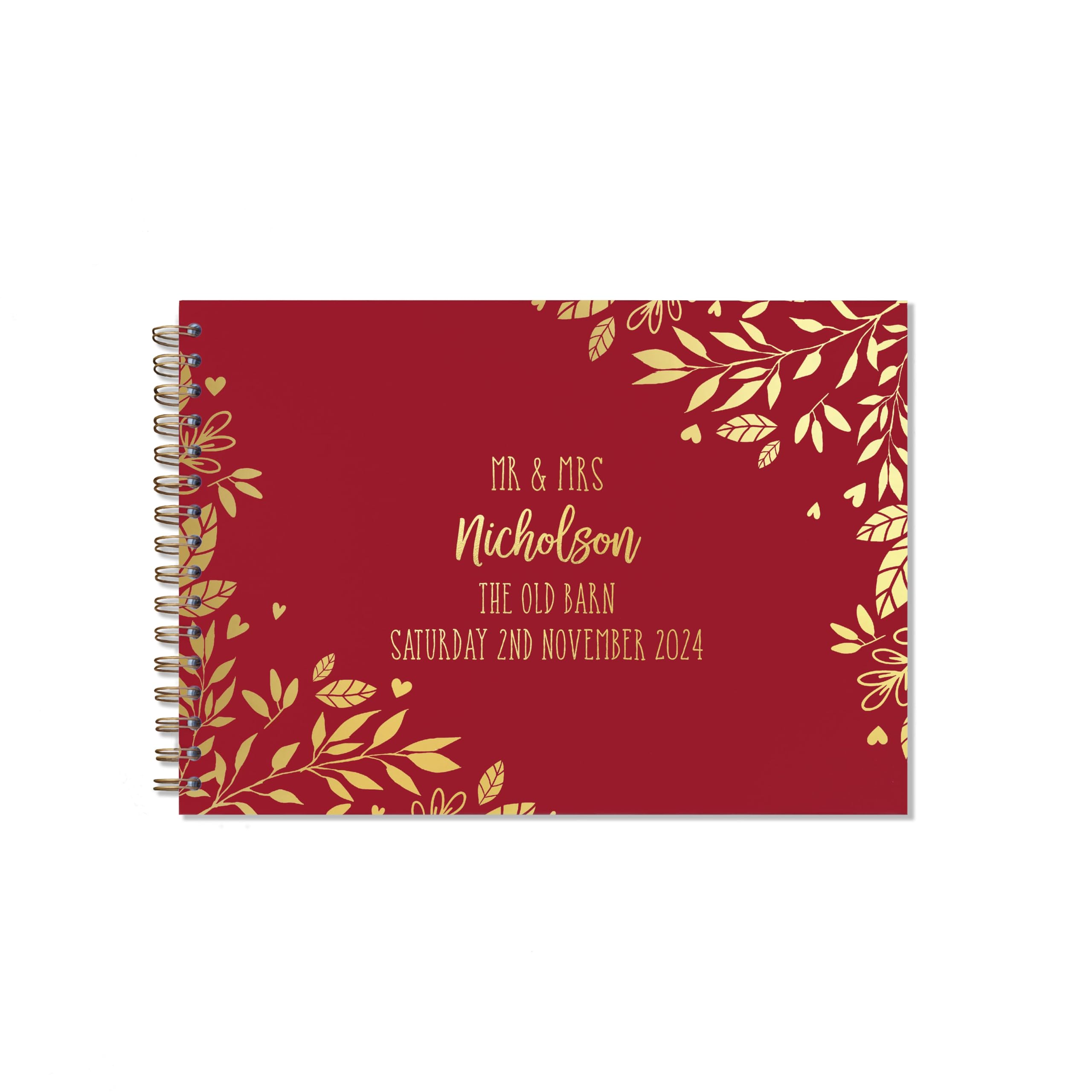 "Manta Makes Wedding Guest book personalised gold foil 26 colour choices A5 or A4, signing book wedding decorations for wedding reception, wedding books for guests to sign (A5, Cranberry)"