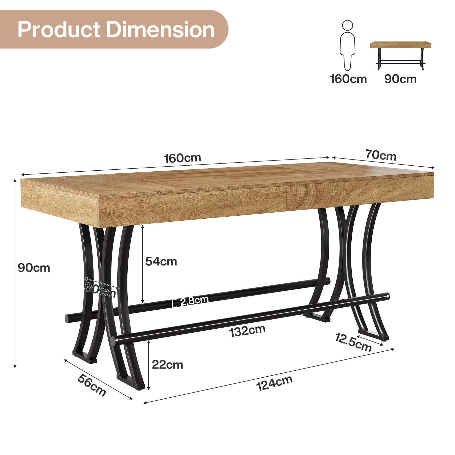 Tribesigns 160CM Bartisch Stehtisch Schreibtisch Arbeitstisch, Farmhouse Esstisch für 4-6 Personen mit Fußstütze aus Metallring für Küche, Wohn- & Esszimmer - 160 x 70x 90 cm (B/H/T) (nur Tisch)