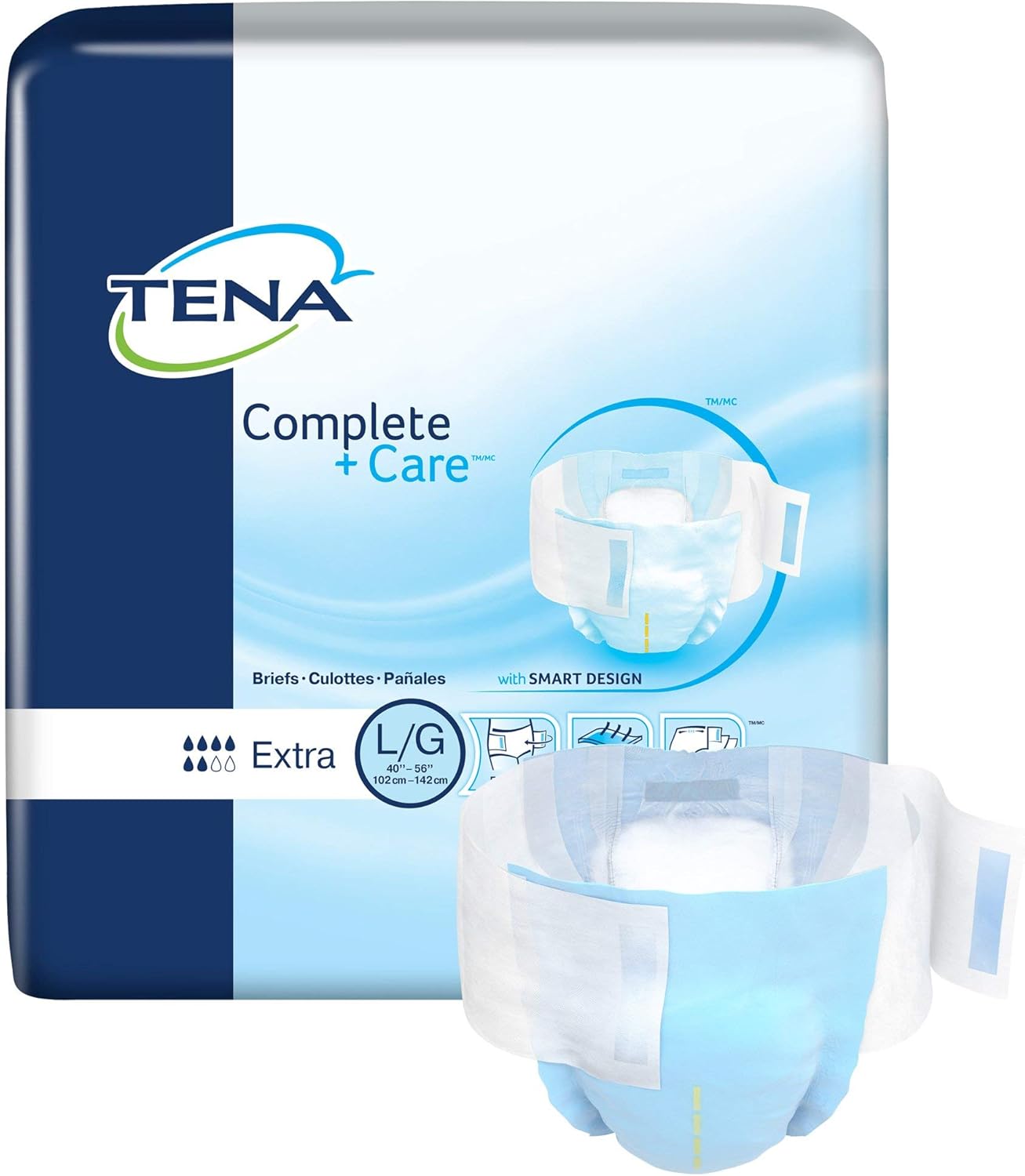 TENA Complete + Care Briefs, Incontinence, Disposable, Moderate Absorbency, Large, 24 Count, 3 Packs, 72 Total