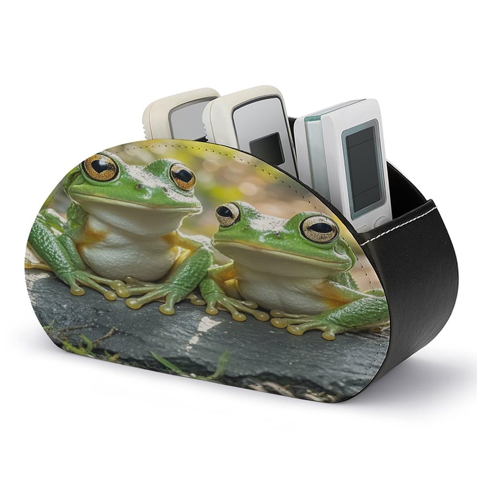 LZQPOEAS Two Frogs Remote Control Holder with 5 Compartments PU Leather Remote Organizer Box Caddy for Table Nightstand Remote Caddy Desktop Organizer Fits Media Controllers