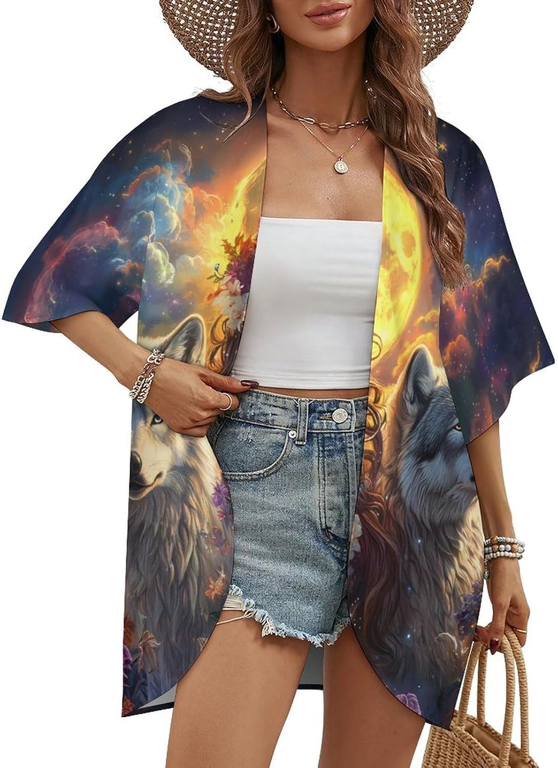 Woman With Wolf Women's Open Front Cardigan Short Sleeves Jacket Lightweight Sweaters Tops
