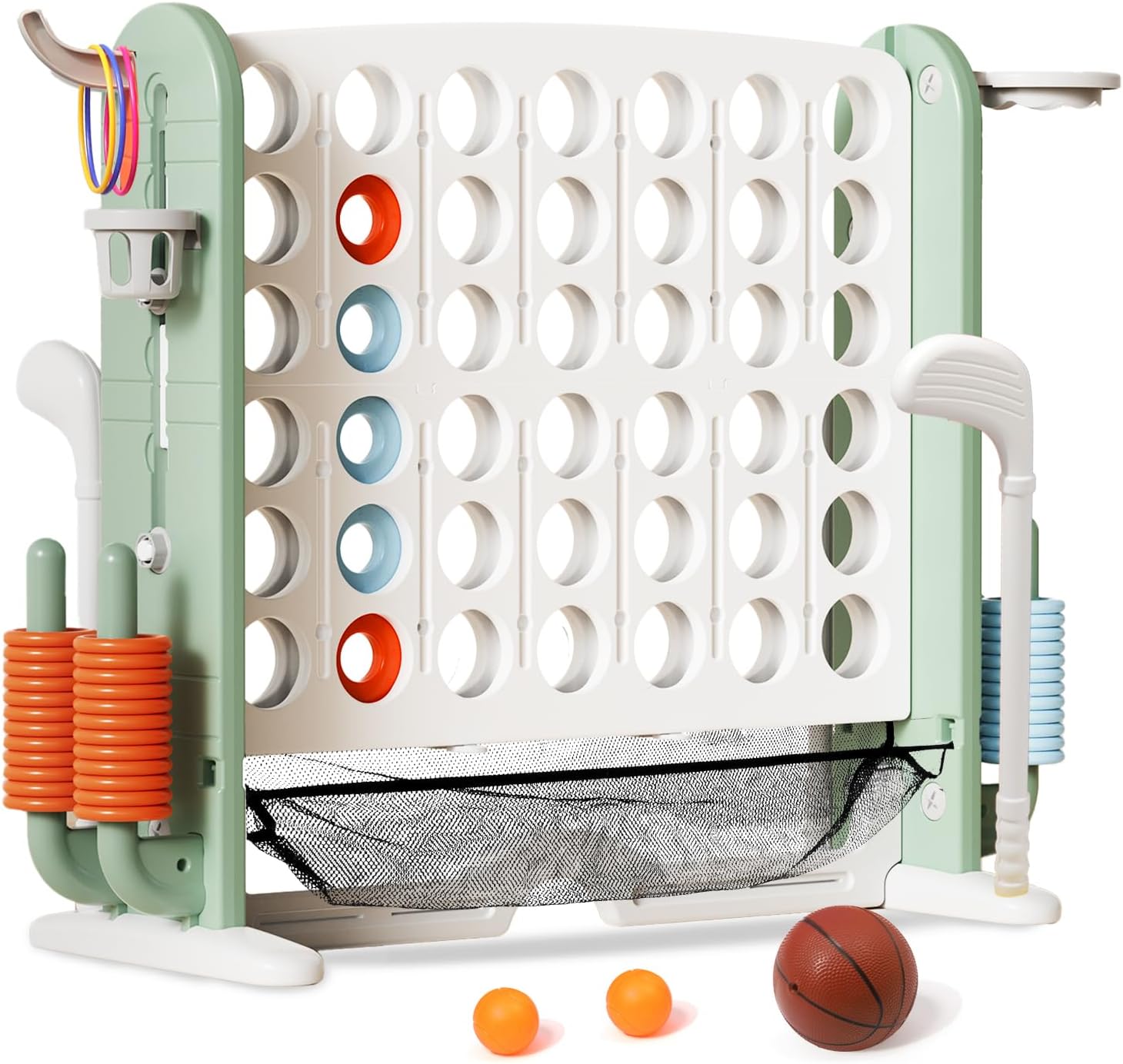 Ancaixin Giant 4 in-A-Row Connect Game Set, Adjustable Height Jumbo Yard Game with Basketball Hoop, Golf, Mesh Pocket & Ring Toss, Indoor Outdoor Family Backyard Party Game for Kids and Adults, Blue