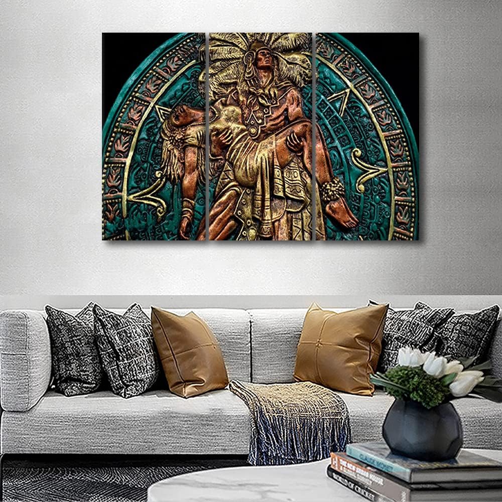 Maya and Aztec Wall Pictures Ancient Mexico Wall Art Aztec Warrior Paintings for Living Room 3 Piece Printed on Canvas Artwork Giclee House Decor Framed Stretched Ready to Hang, 42" Wx28 H Artwork-09 42"Wx28"H