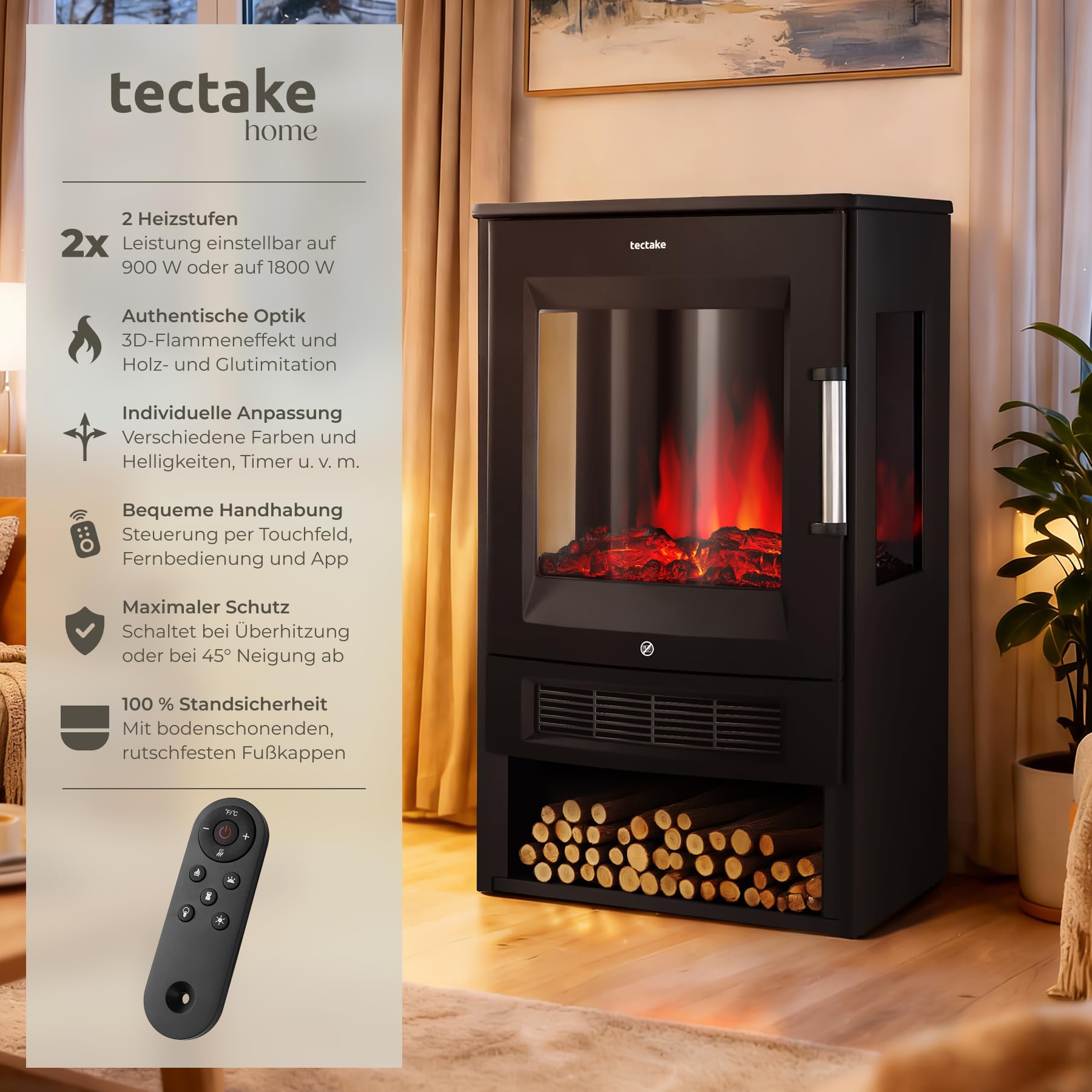 tectake® Elektrokamin mit 2 Heizstufen 900W/1800W, elektrischer Kamin mit 3D-Flammeneffekt Kaminfeuer in 8 Farben, Kamin mit Fernbedienung und Tuya-App-Steuerung, Timer, Elektro Kamin, schwarz