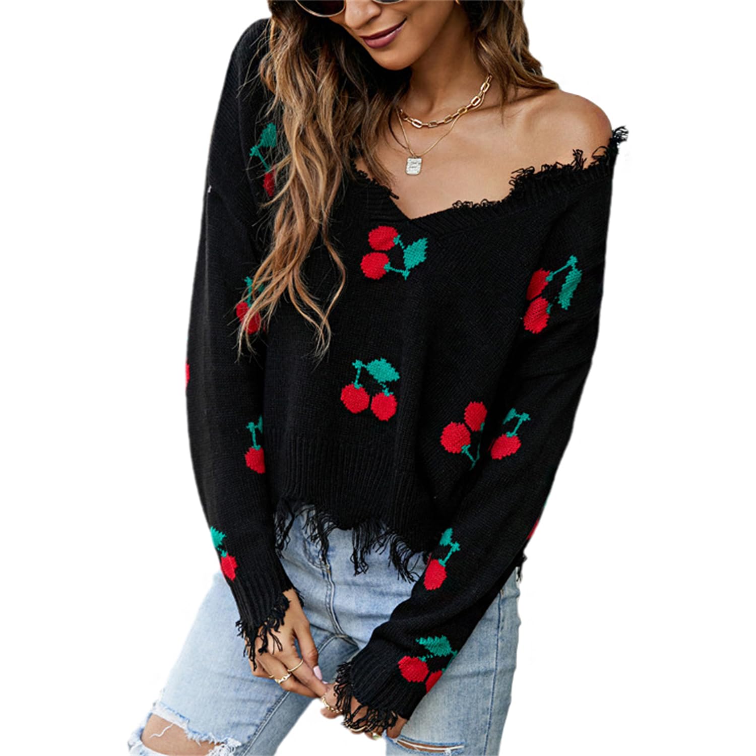 Strickpullover Damen Zerrissene Kurz Pullover Langarm V Ausschnitt Oberteil Loose Feinstrick Pulli Y2K Jumper mit Blumenmuster Quasten Strickpullover Streetwear