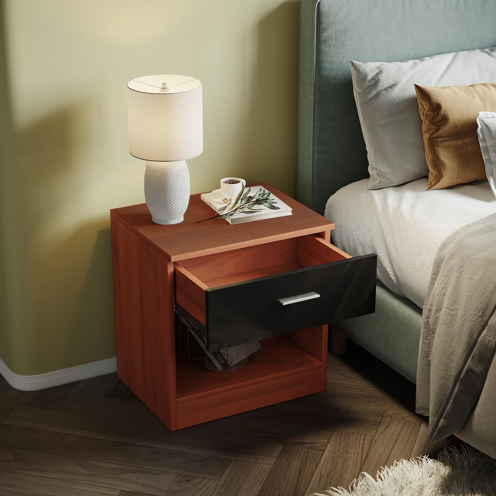 Comfy Living Modern Bedside Table with Drawer and Open Shelf, High Gloss, Bedroom Storage Table (Walnut/Black)