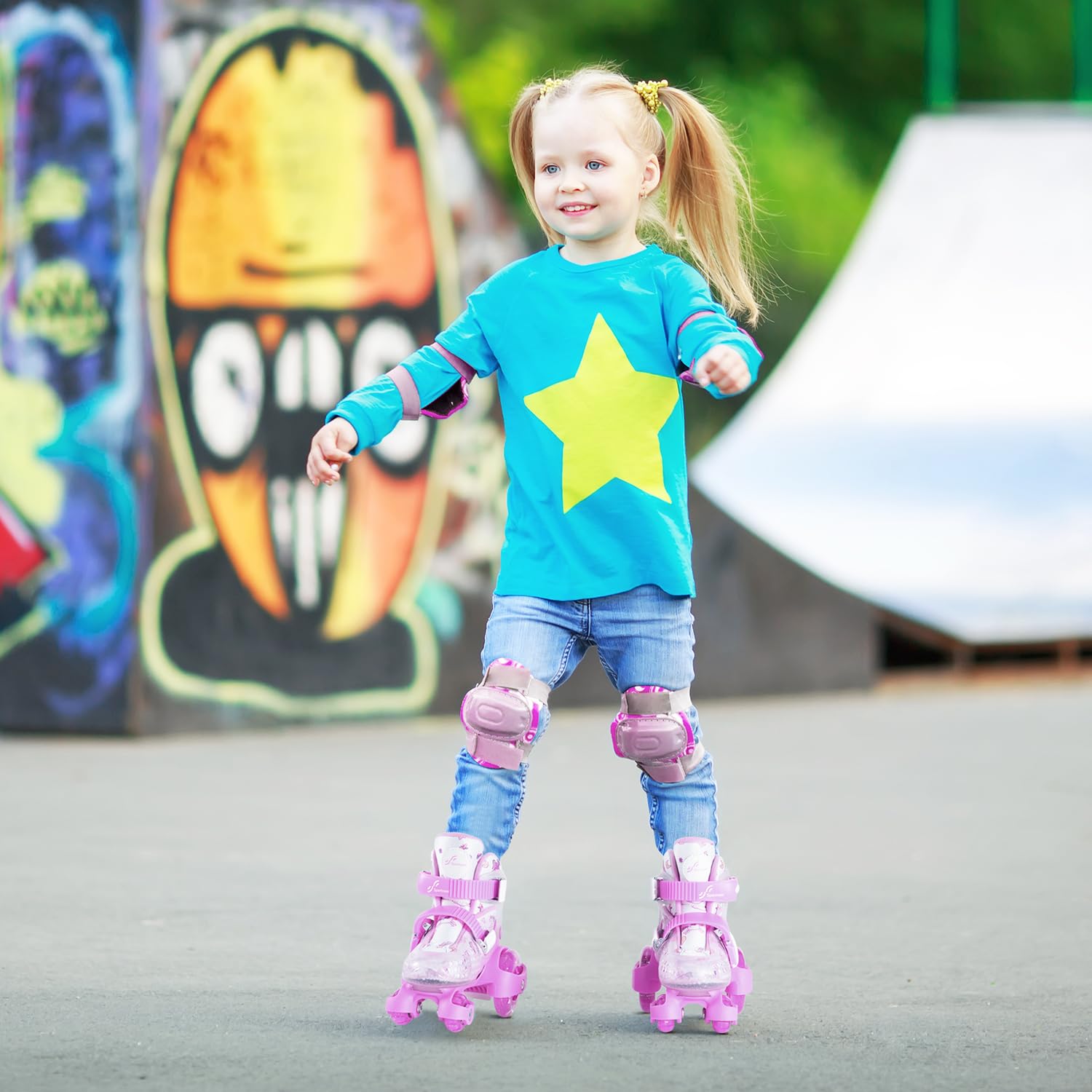 Sportneer Rolschaatsen voor kinderen, meisjes, EU 23-36, regenboogrolschaatsen, 4 maten, verstelbaar, met beschermende uitrusting, rolschaatsen, voor beginners, kerst- en verjaardagscadeaus