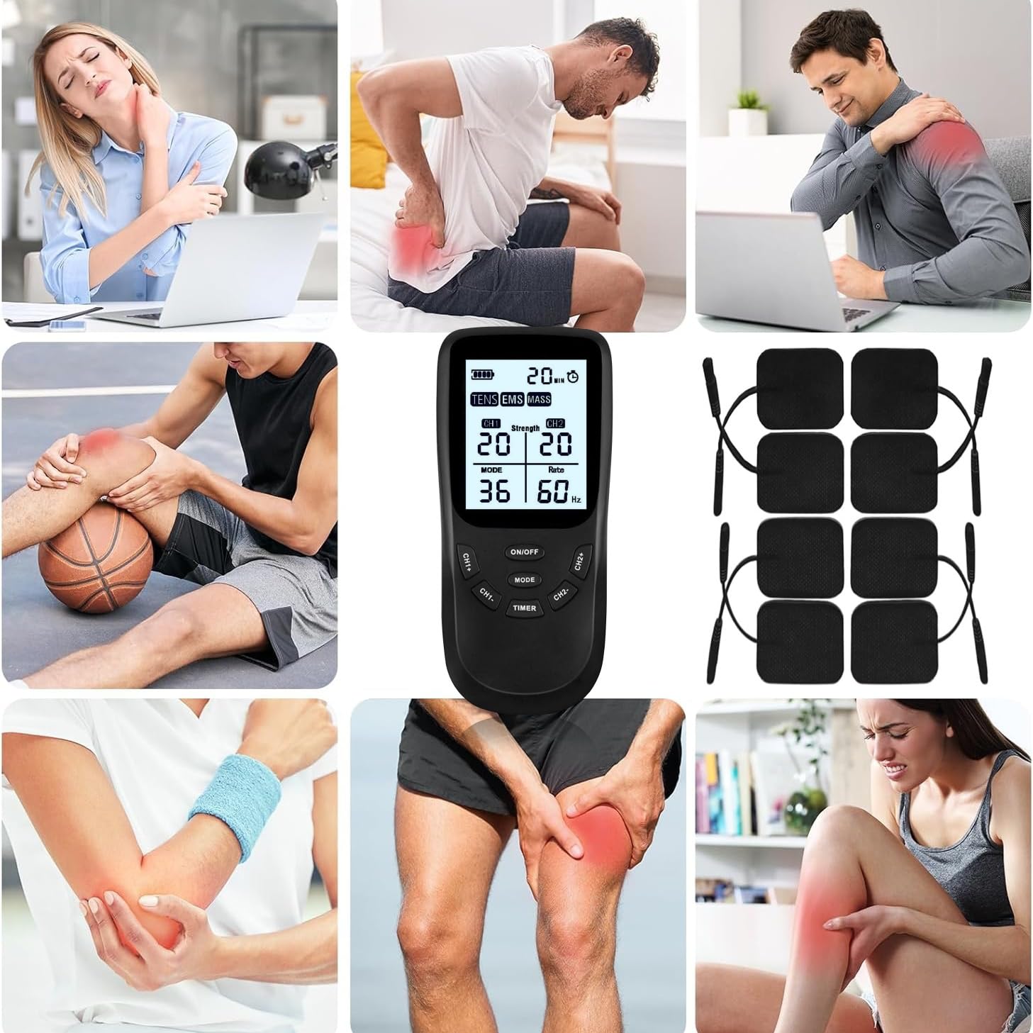 Électrostimulateur musculaire 3 en 1 :TENS/EMS/Massage, thérapie anti-douleur TENS, stimulation électrique des muscles EMS, facile à emporter,36 programmes de Massage + 8 électrodes